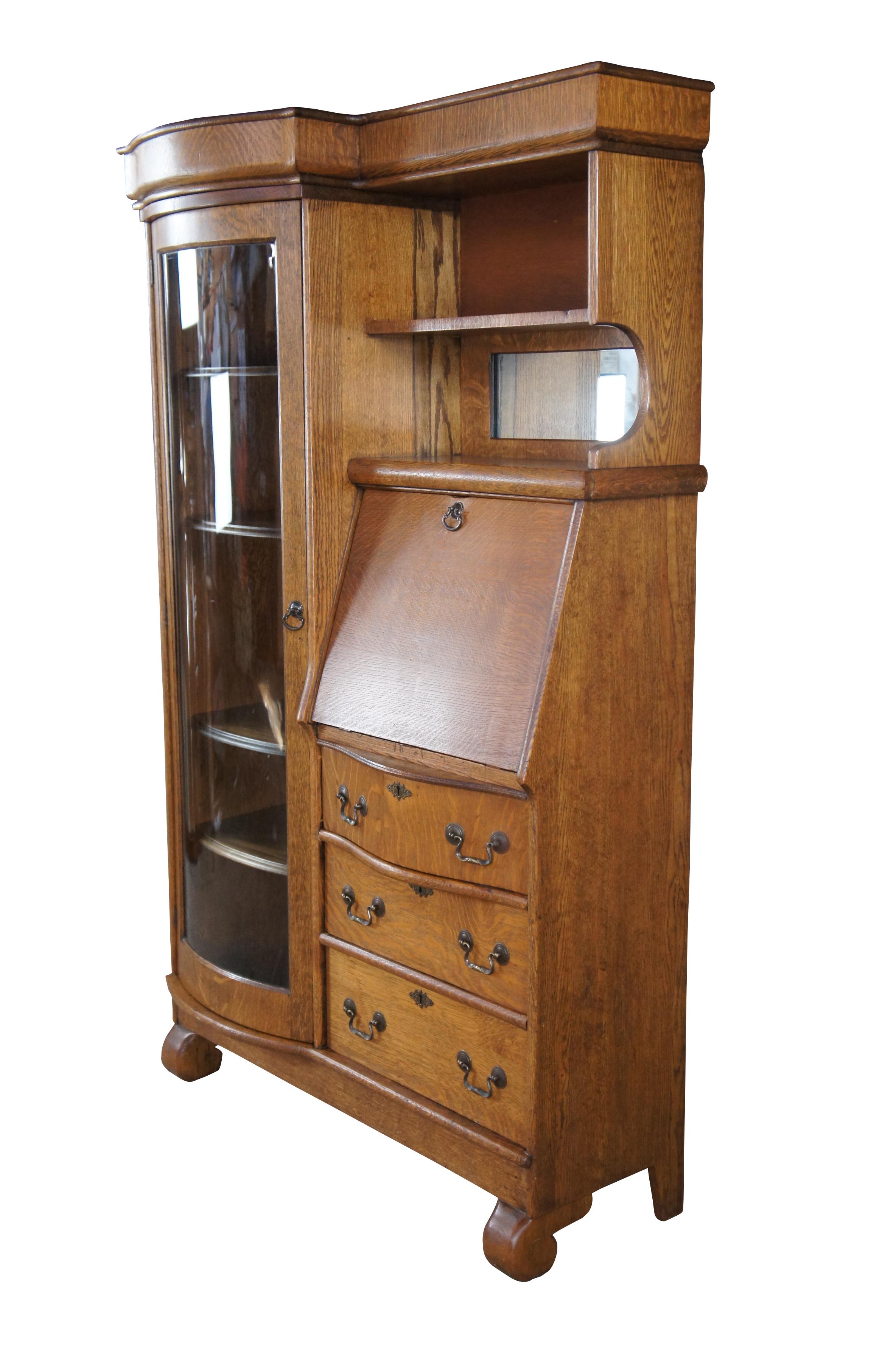 An impressive antique Victorian side by side secretary desk and curio bookcase, circa 1900s. Made of quartersawn or 