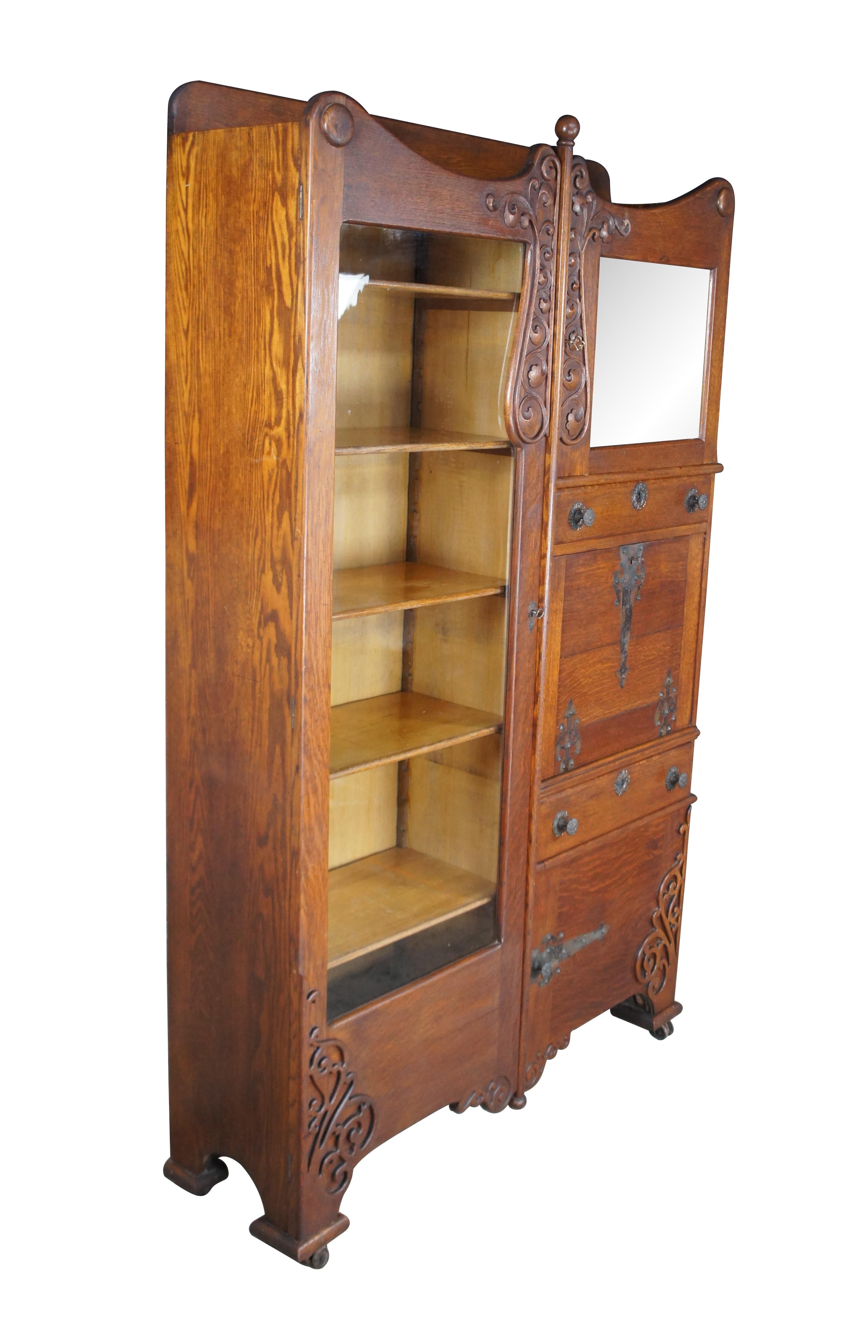 Antique Victorian Quartersawn Oak Side by Side Secretary Desk Bookcase Cabinet In Good Condition In Dayton, OH