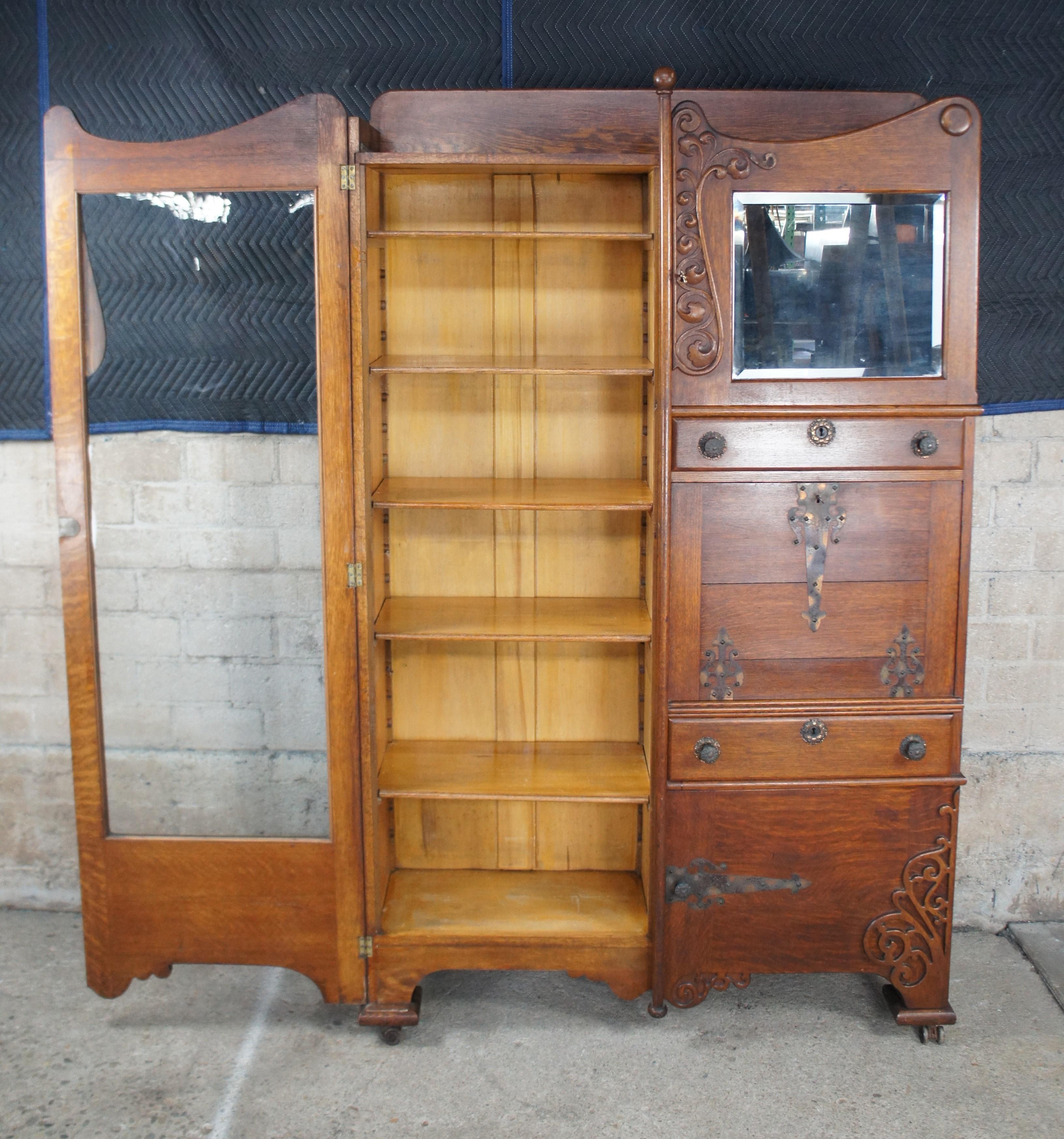 19th Century Antique Victorian Quartersawn Oak Side by Side Secretary Desk Bookcase Cabinet