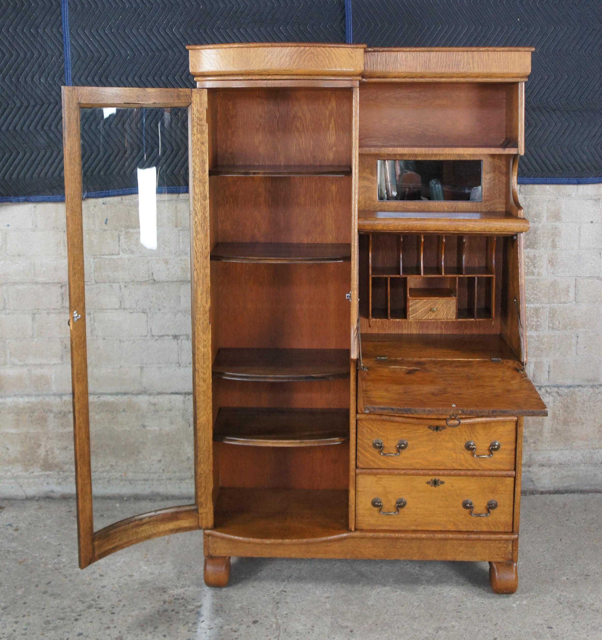 Antique Victorian Quartersawn Oak Side by Side Secretary Desk Bookcase Cabinet In Good Condition In Dayton, OH