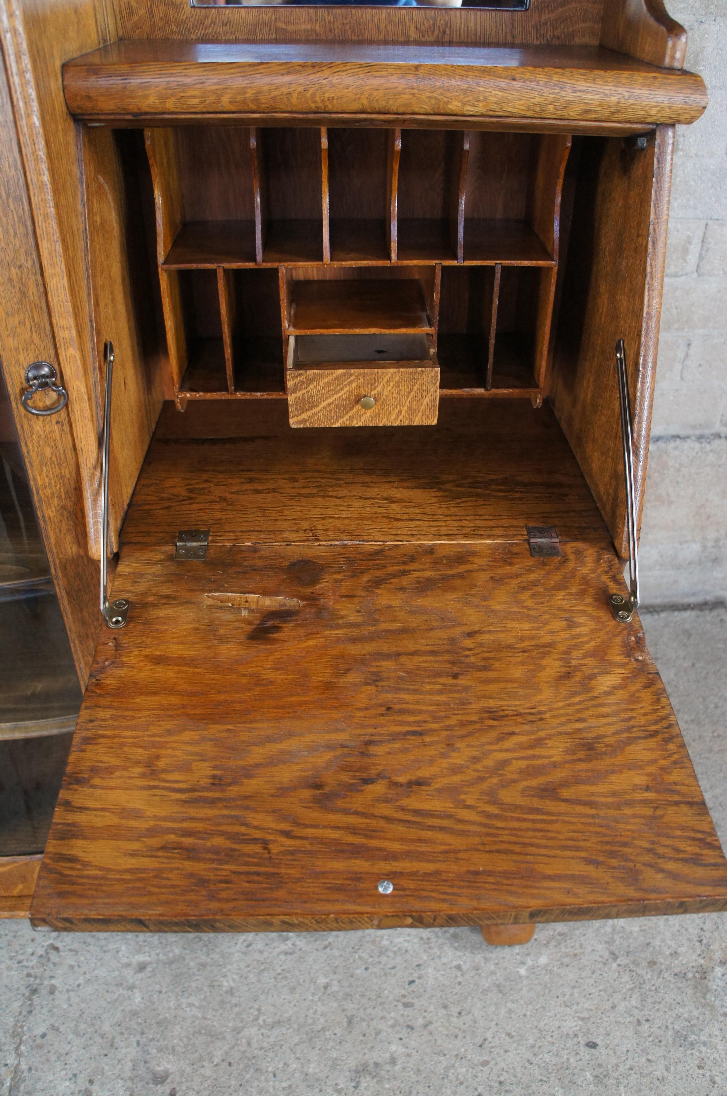 20th Century Antique Victorian Quartersawn Oak Side by Side Secretary Desk Bookcase Cabinet