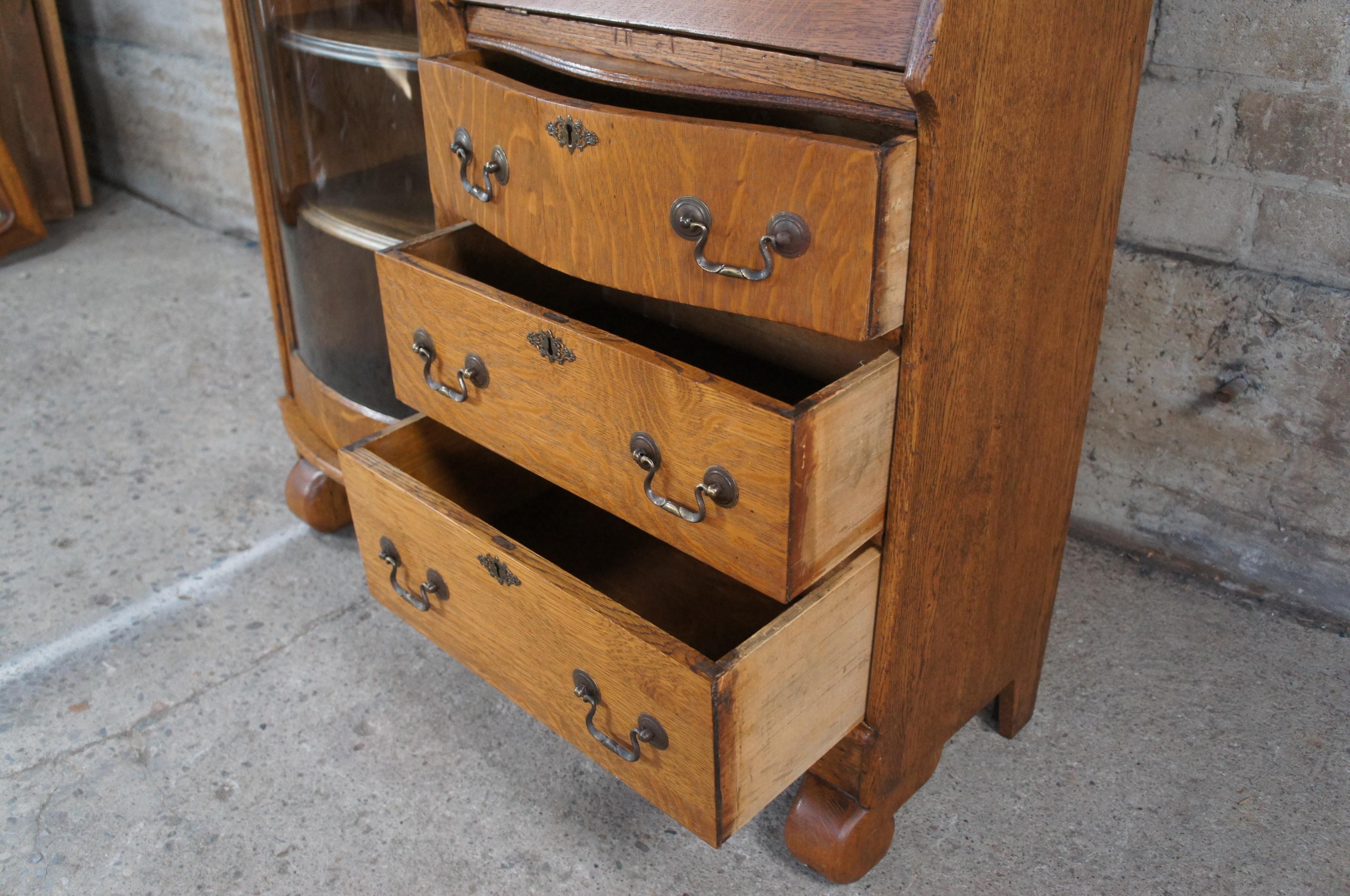 Brass Antique Victorian Quartersawn Oak Side by Side Secretary Desk Bookcase Cabinet