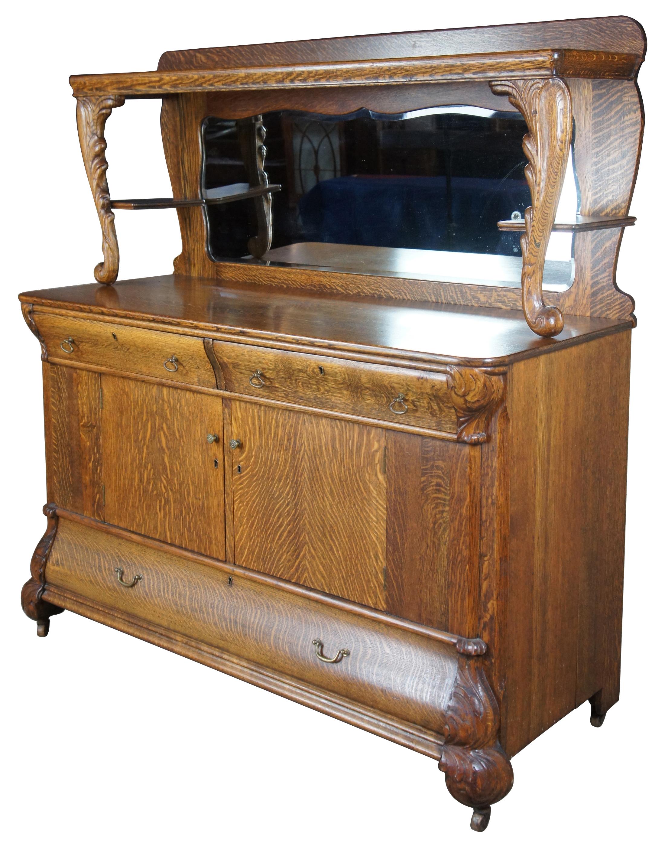 Antique Victorian Quartersawn oak sideboard and mirror buffet bar back dry server.

Surface Height - 38.25