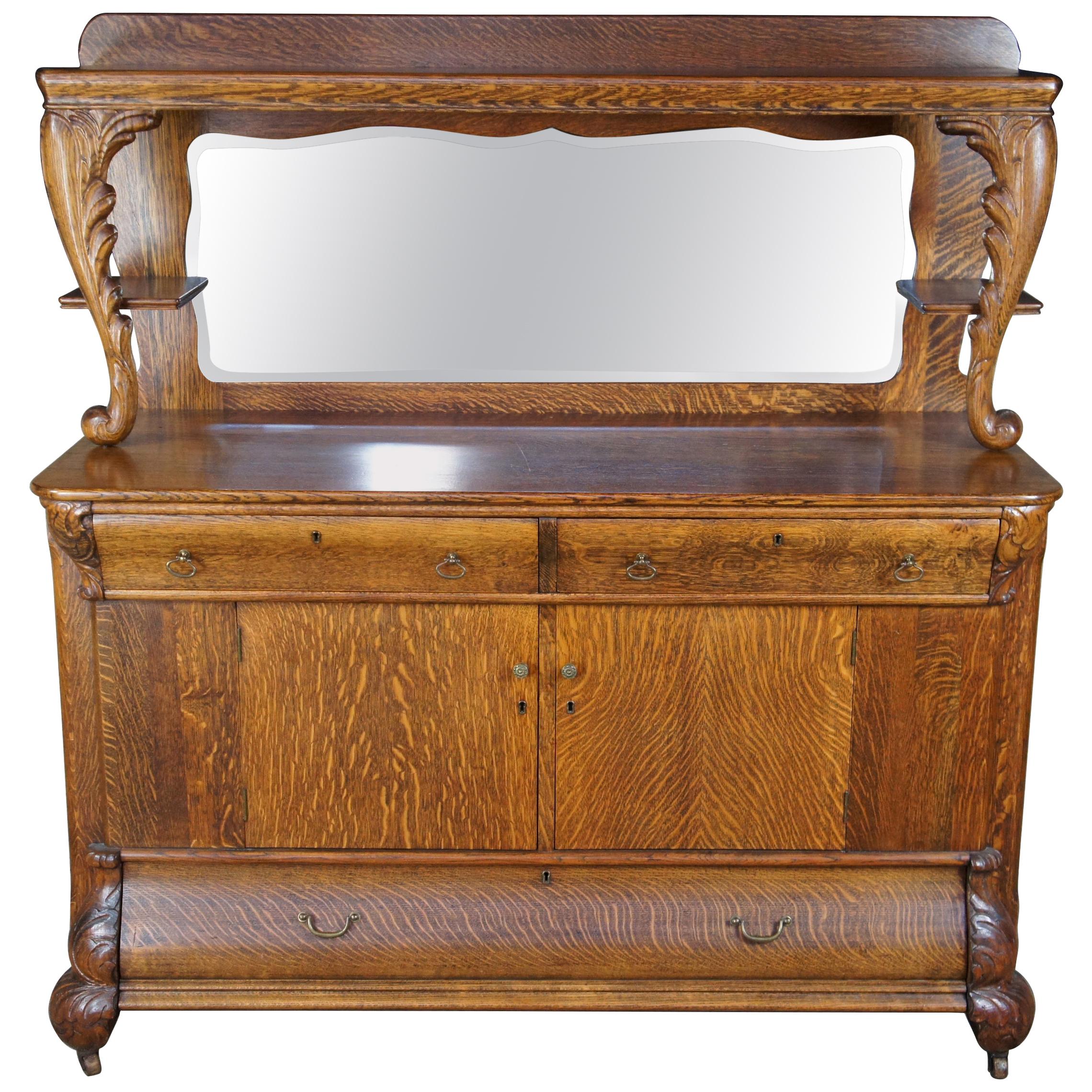 Antique Victorian Quartersawn Oak Sideboard & Mirror Buffet Bar Back Dry Server