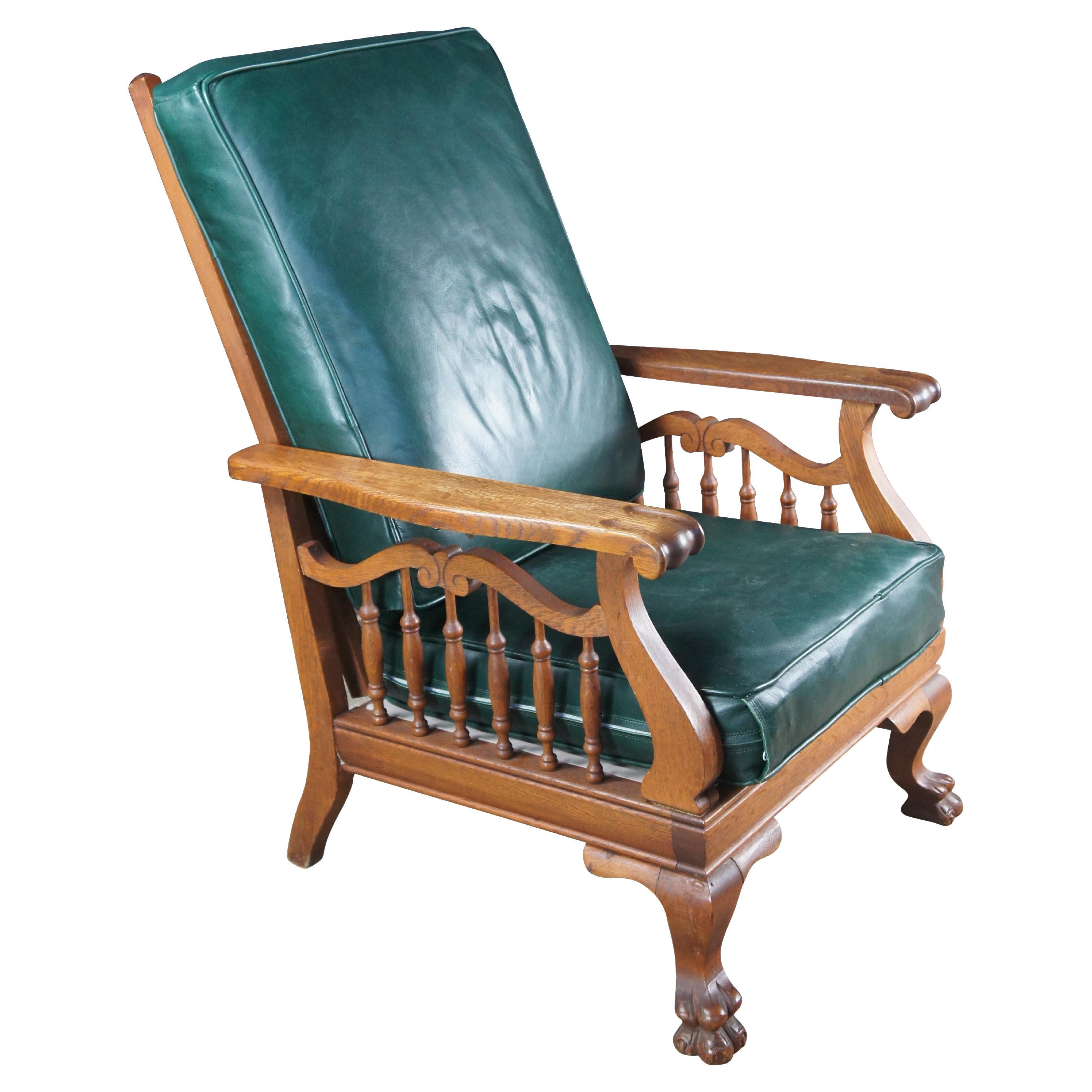 Antique Victorian Quartersawn Oak Vinyl Reclining Morris Arm Chair Lion Paw Feet in vendita