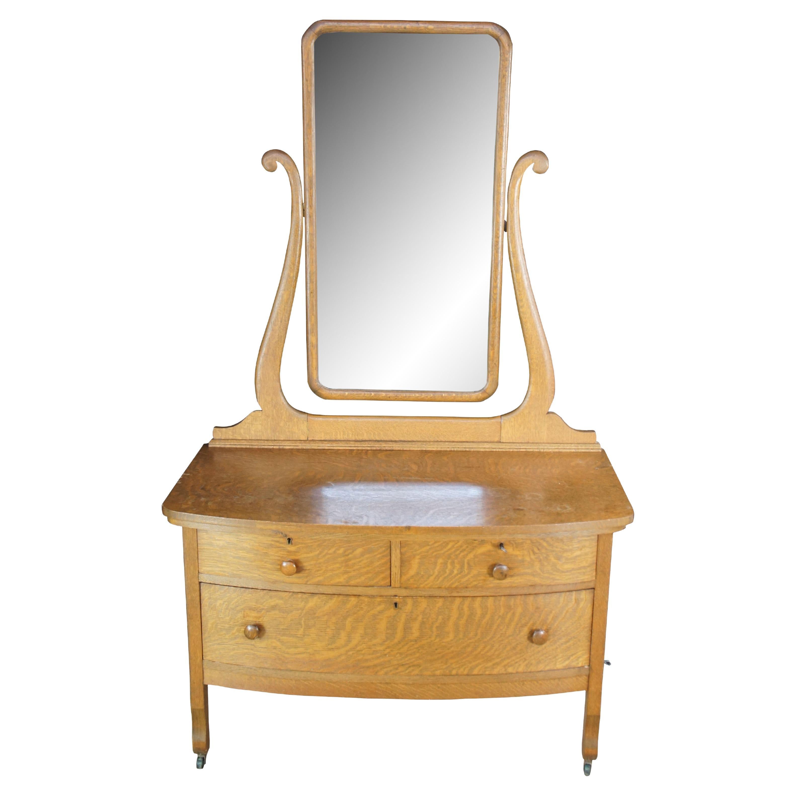 Antique Victorian Quartersawn Oak Wishbone Mirror Vanity Dresser Washstand 70" For Sale