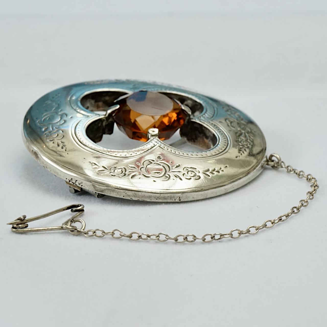 Antique Victorian Quatrefoil Floral Engraved Silver and Faux Citrine Brooch In Good Condition For Sale In London, GB