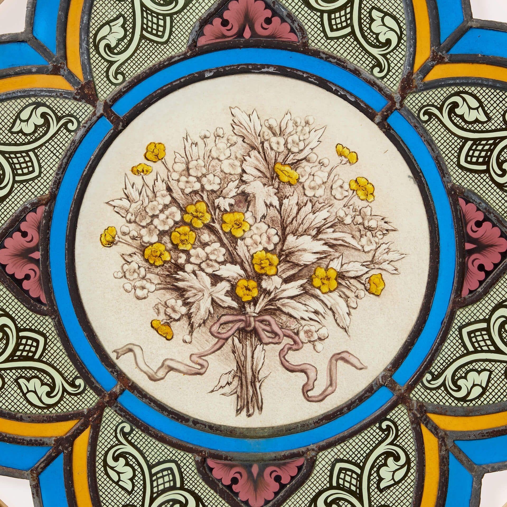 English Antique Victorian Quatrefoil Stained Glass Window For Sale