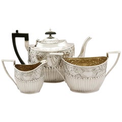 Antique Victorian Queen Anne Style English Sterling Silver Three-Piece Tea Set