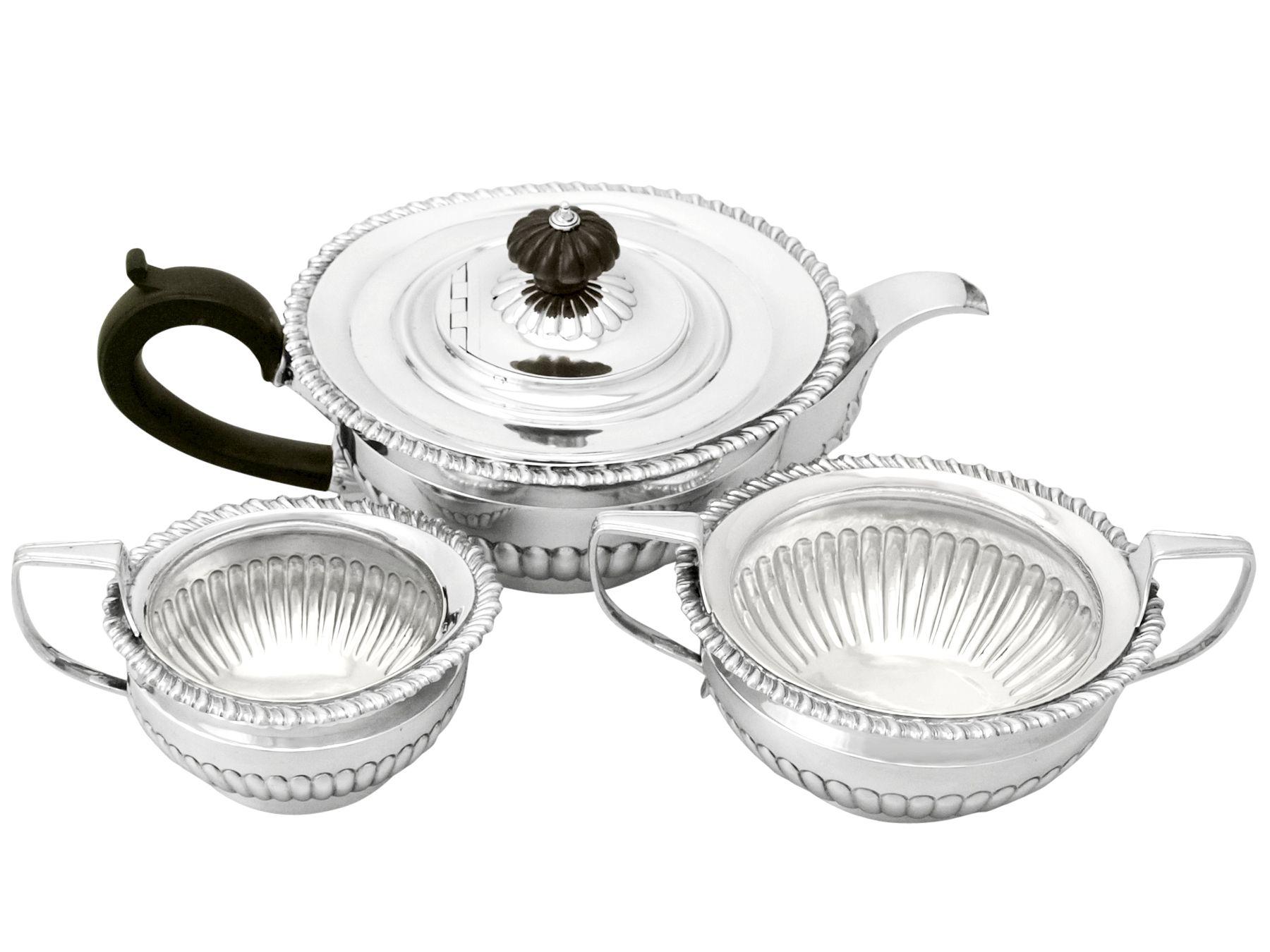 A fine and impressive antique Victorian English sterling silver three-piece tea set in the Queen Anne style; an addition to our silver teaware collection.

This fine antique Victorian sterling silver three-piece tea service consists of a teapot,