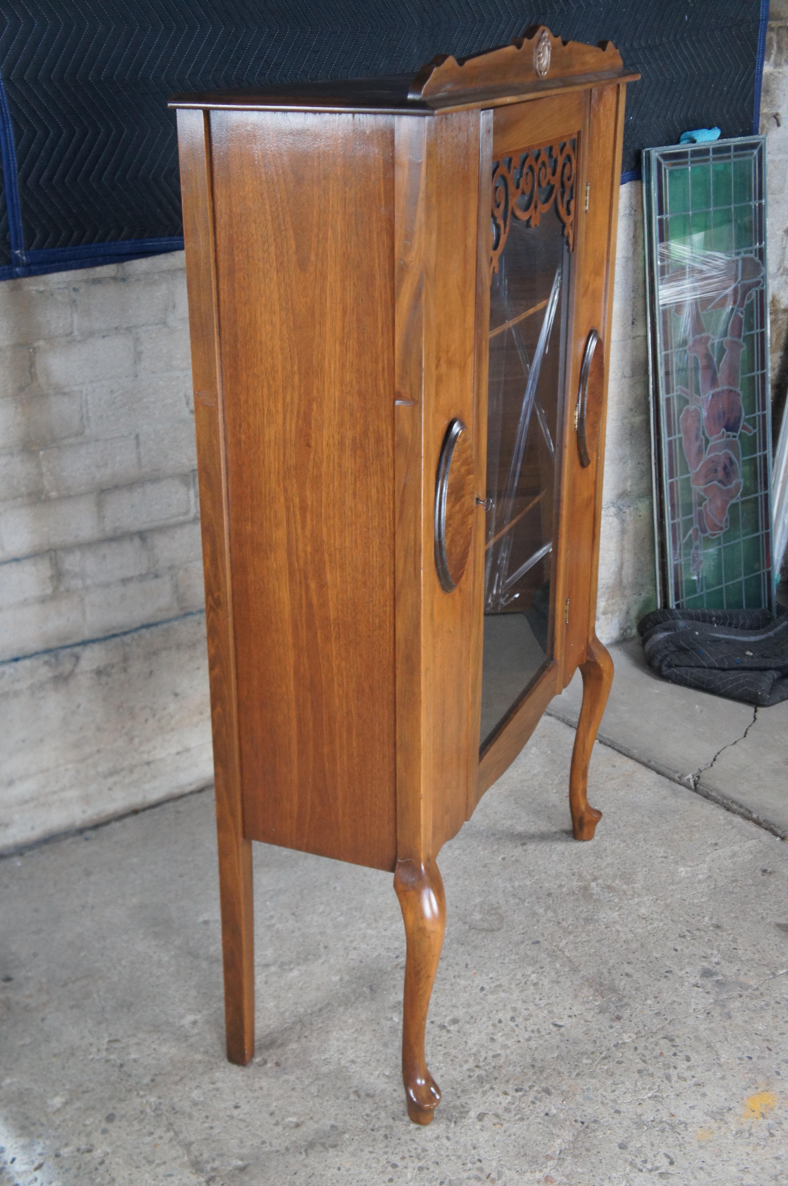 Antique Victorian Queen Anne Walnut China Display Cabinet Curio Cupboard Hutch 6
