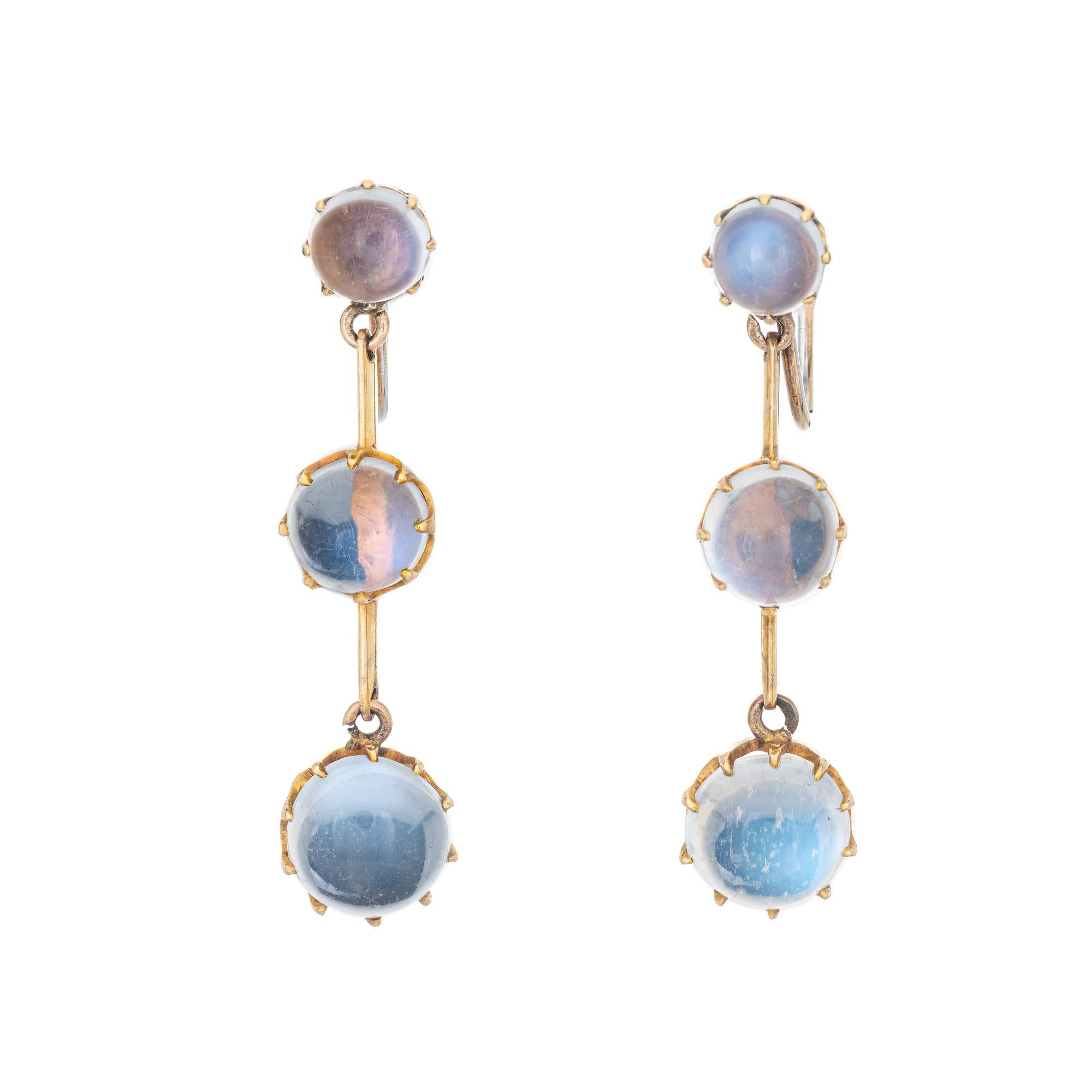Cabochon Antique Victorian Rainbow Blue Moonstone Earrings Three Tier Drops Screw Backing