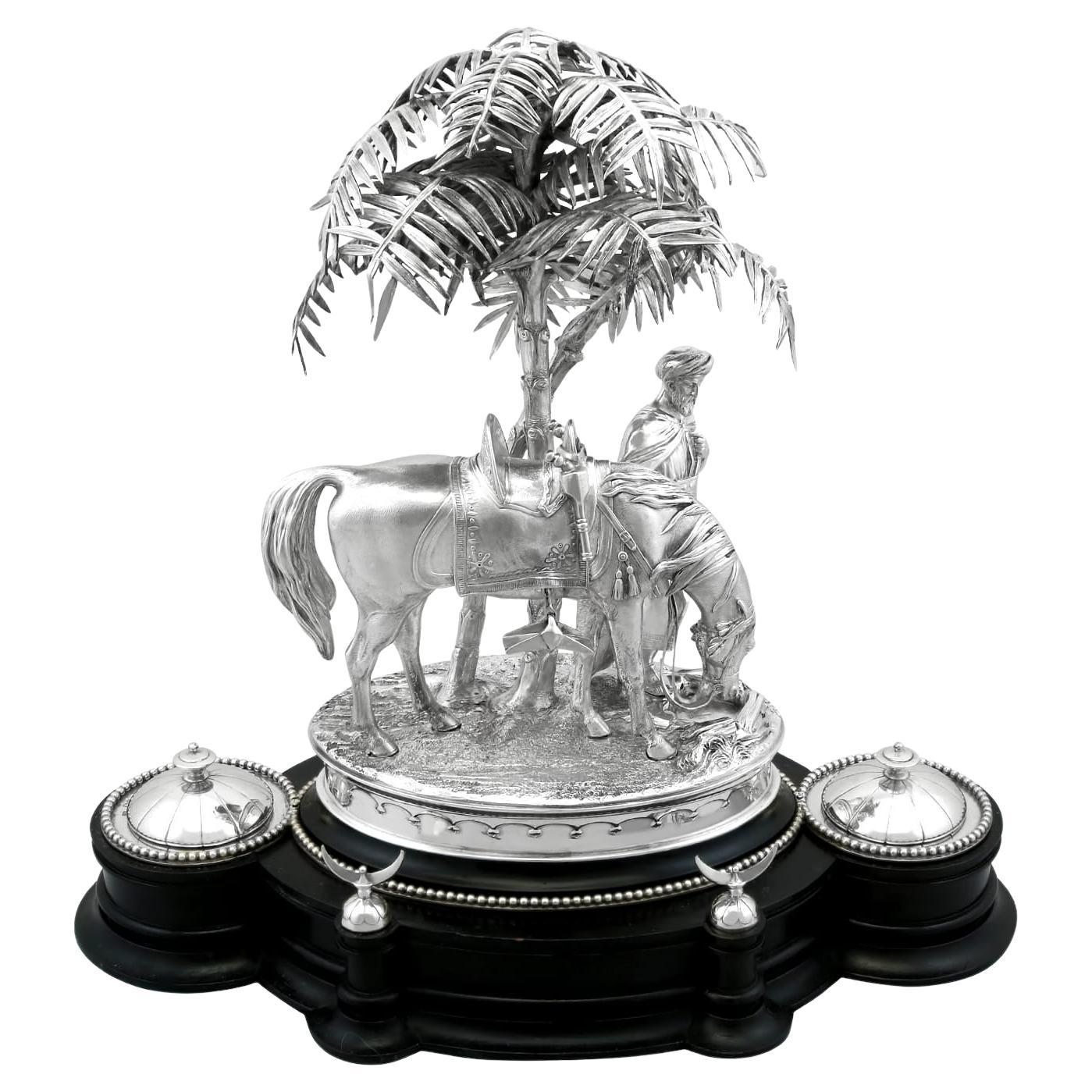 Ancien encrier Victorien en Argent Sterling rare / Centre de table