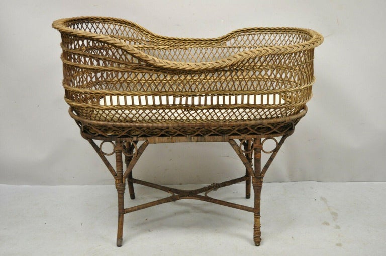 Antique Victorian Rattan and Wicker Baby Cradle For Sale at