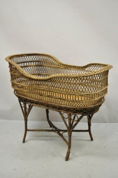 Antique Victorian Rattan and Wicker Baby Bassinet Cradle