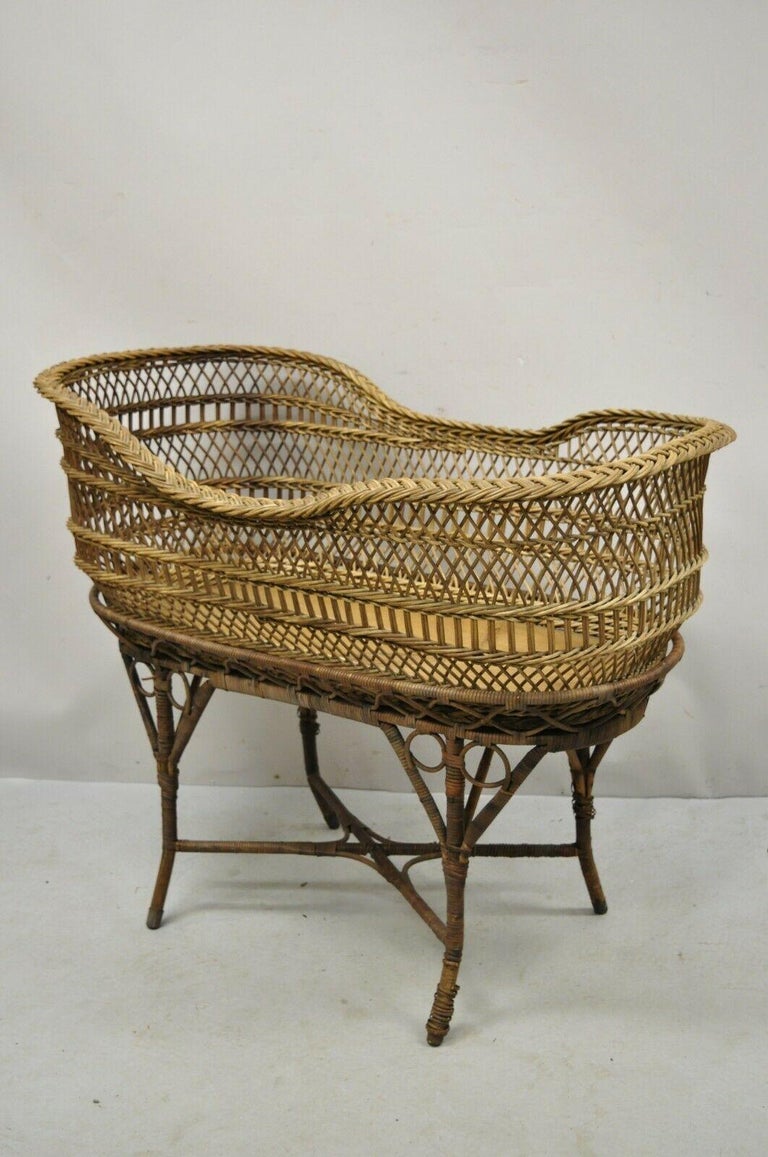 Antique Victorian Rattan and Wicker Baby Cradle For Sale at