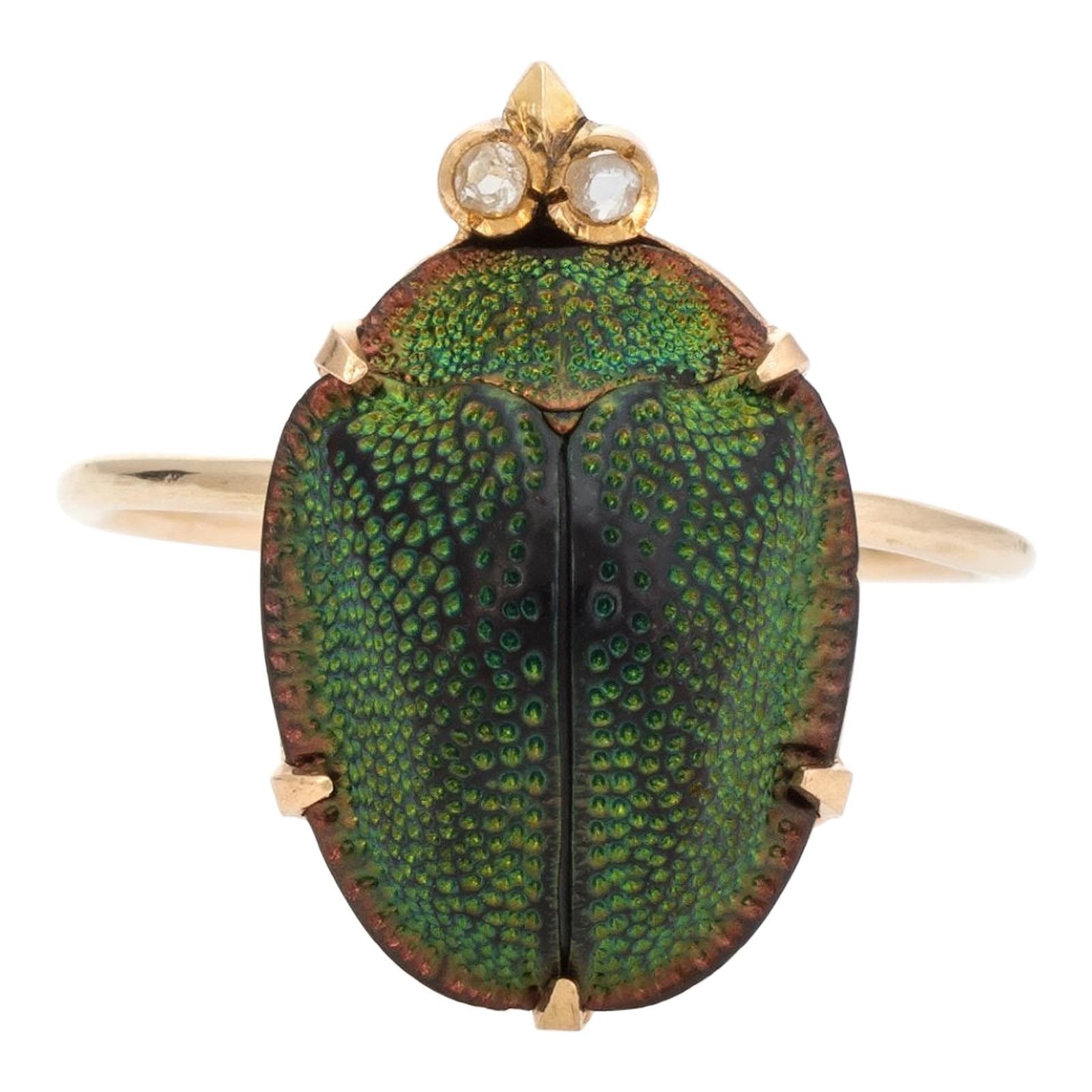 Antique Victorian Real Scarab Beetle Conversion Ring Diamond Eyes 10 Karat Gold