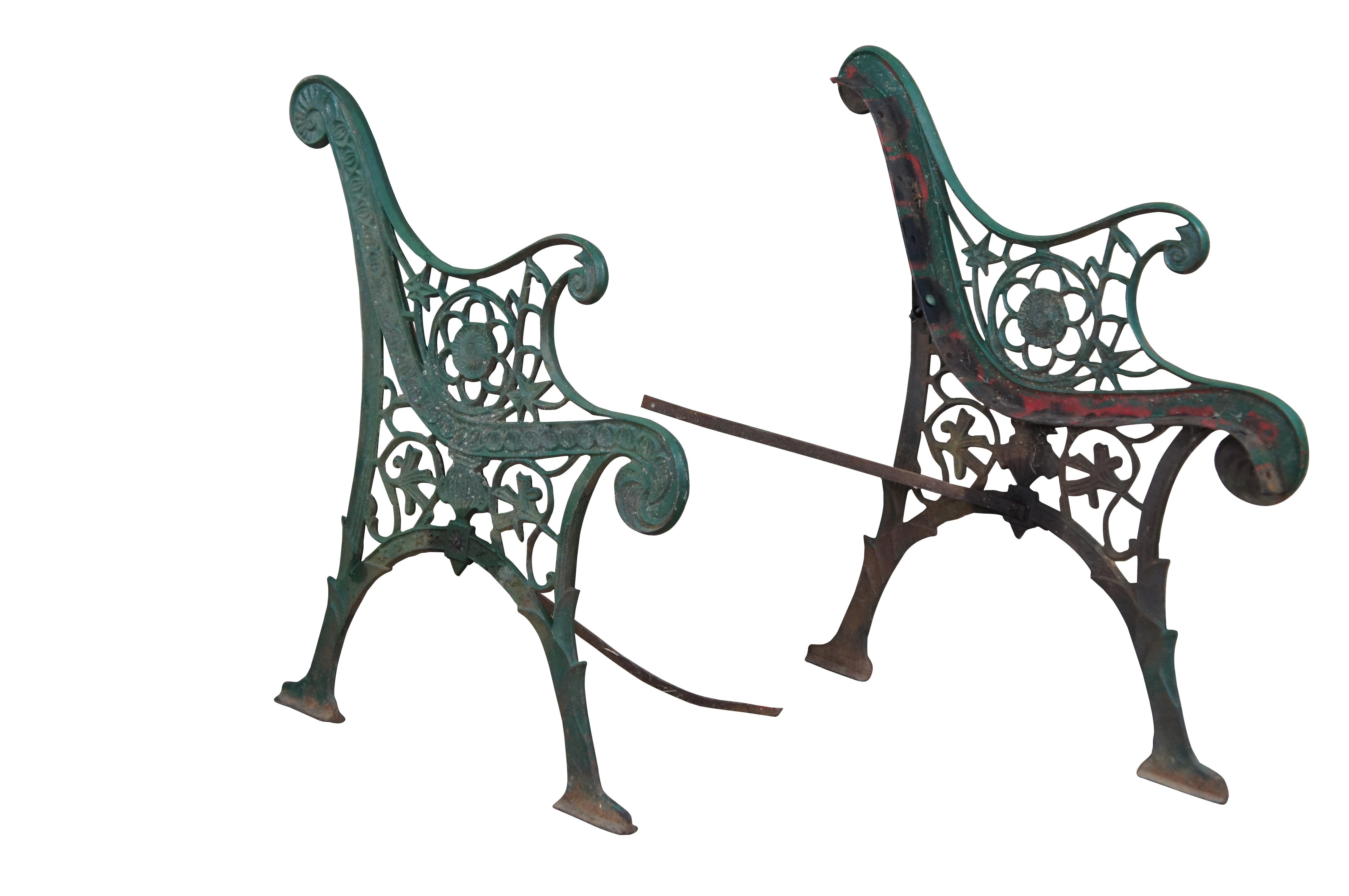 Antique Victorian reclaimed / salvaged garden / park bench frame.  Made of cast iron featuring Art Nouveau styling with reticulated and scrolled floral / star theme.

Dimensions:
25