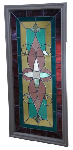 Antique Victorian Reclaimed Leaded Stained Slag Glass Window Transom Amber