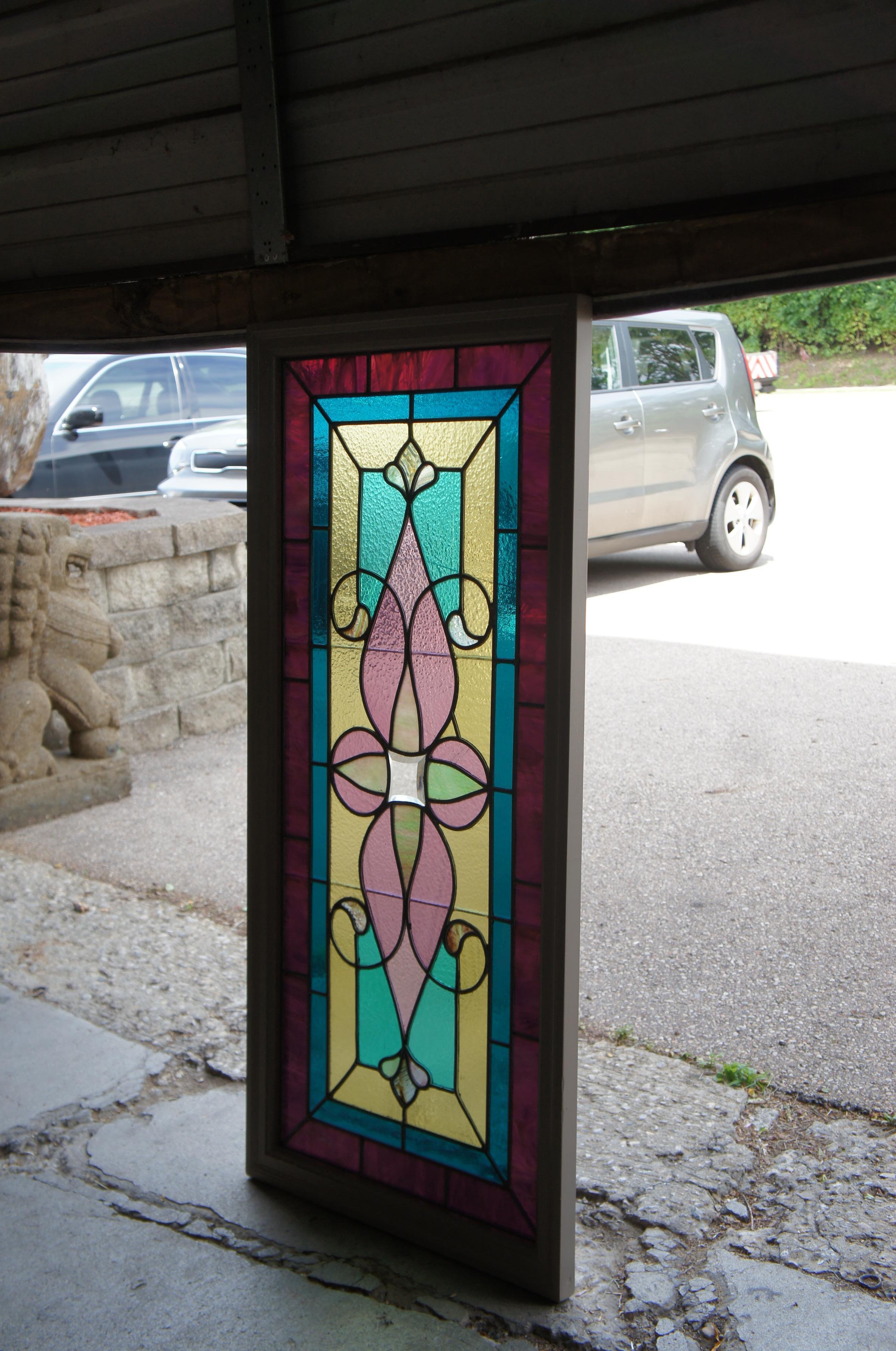 Antique Victorian Reclaimed Leaded Stained Slag Glass Window Transom Amber 3