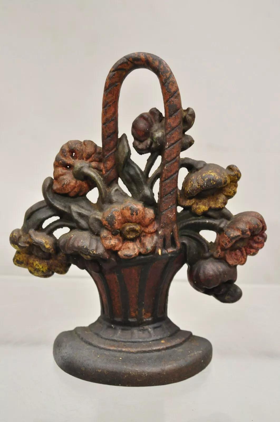 Antique Victorian Red Cast Iron Figural Painted Floral Bouquet Basket Door Stop For Sale 7