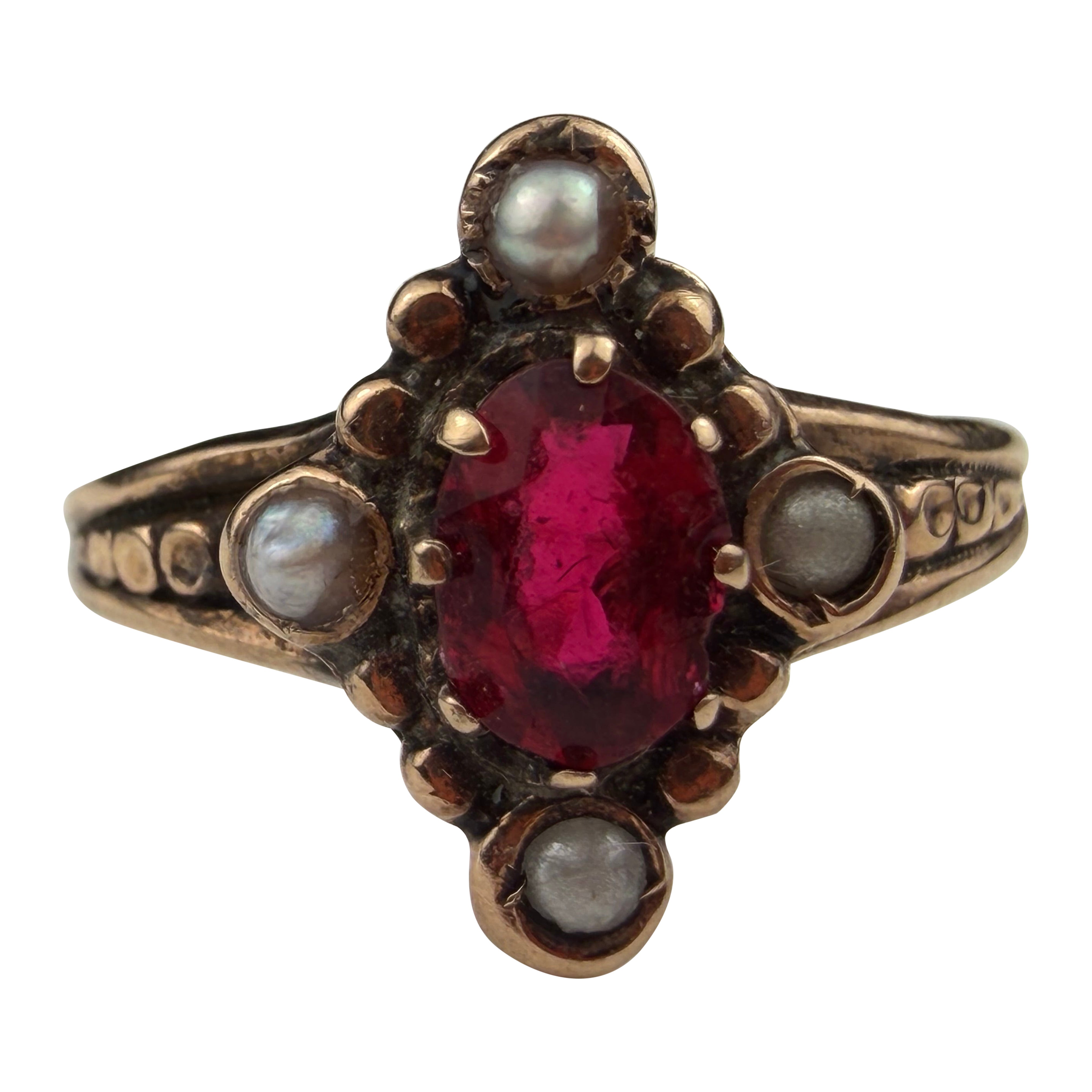 Antique Victorian Red Garnet and Seed Pearl Dinner Ring