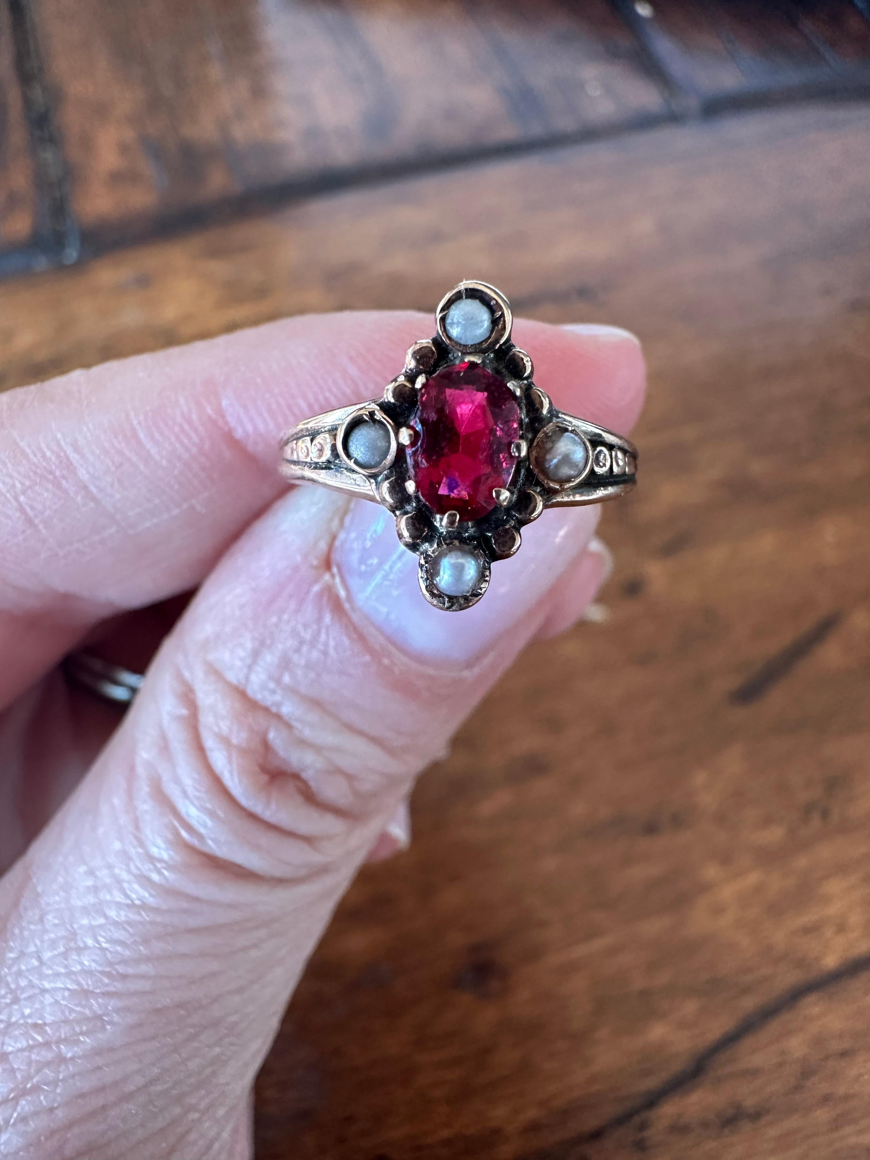Antique Victorian Red Garnet and Seed Pearl Ring  For Sale 2