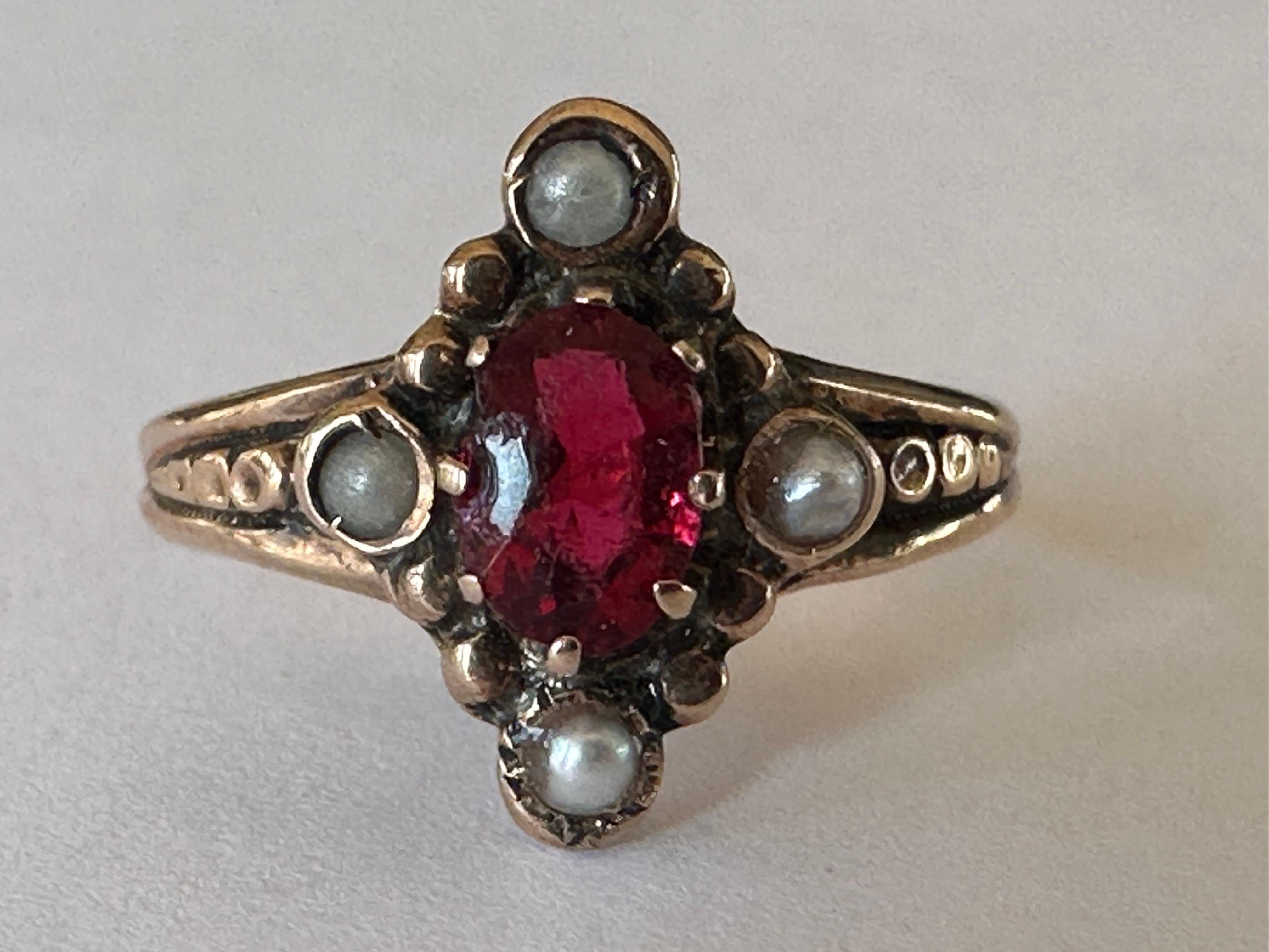 Antique Victorian Red Garnet and Seed Pearl Ring  For Sale 3