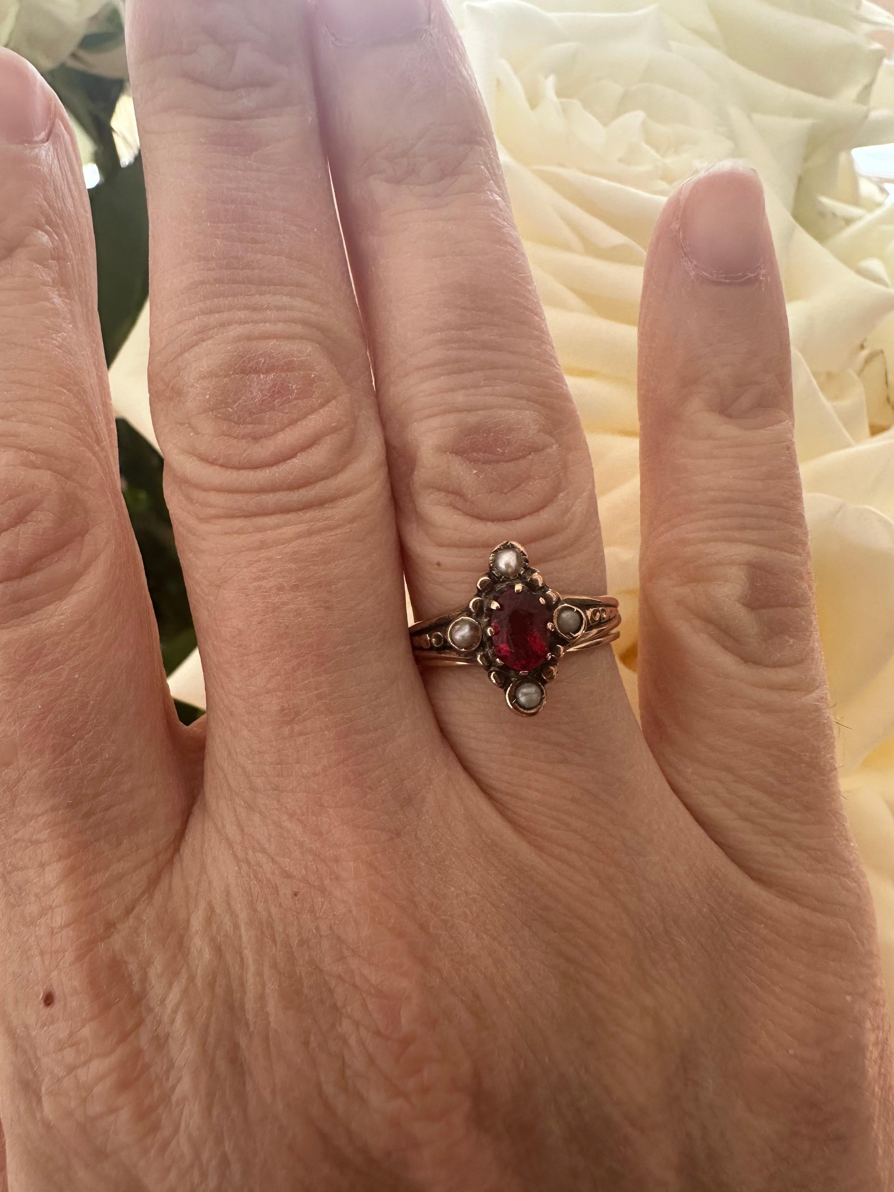 Antique Victorian Red Garnet and Seed Pearl Ring  For Sale 4
