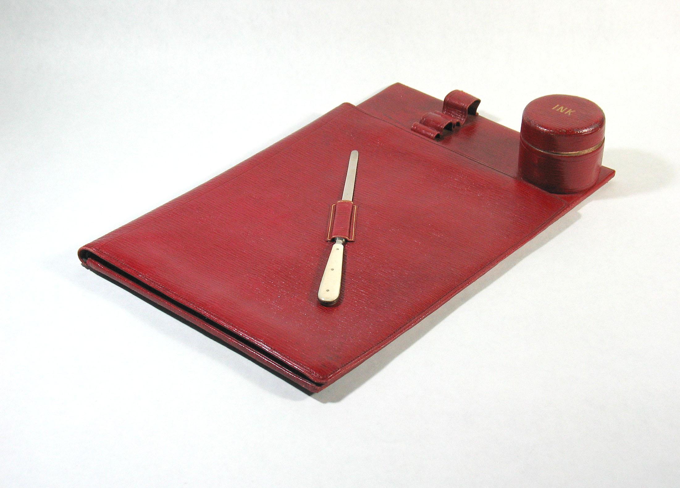 Austrian Antique Victorian Red Morrocan Leather Desk or Travelling Blotter with Inkwell