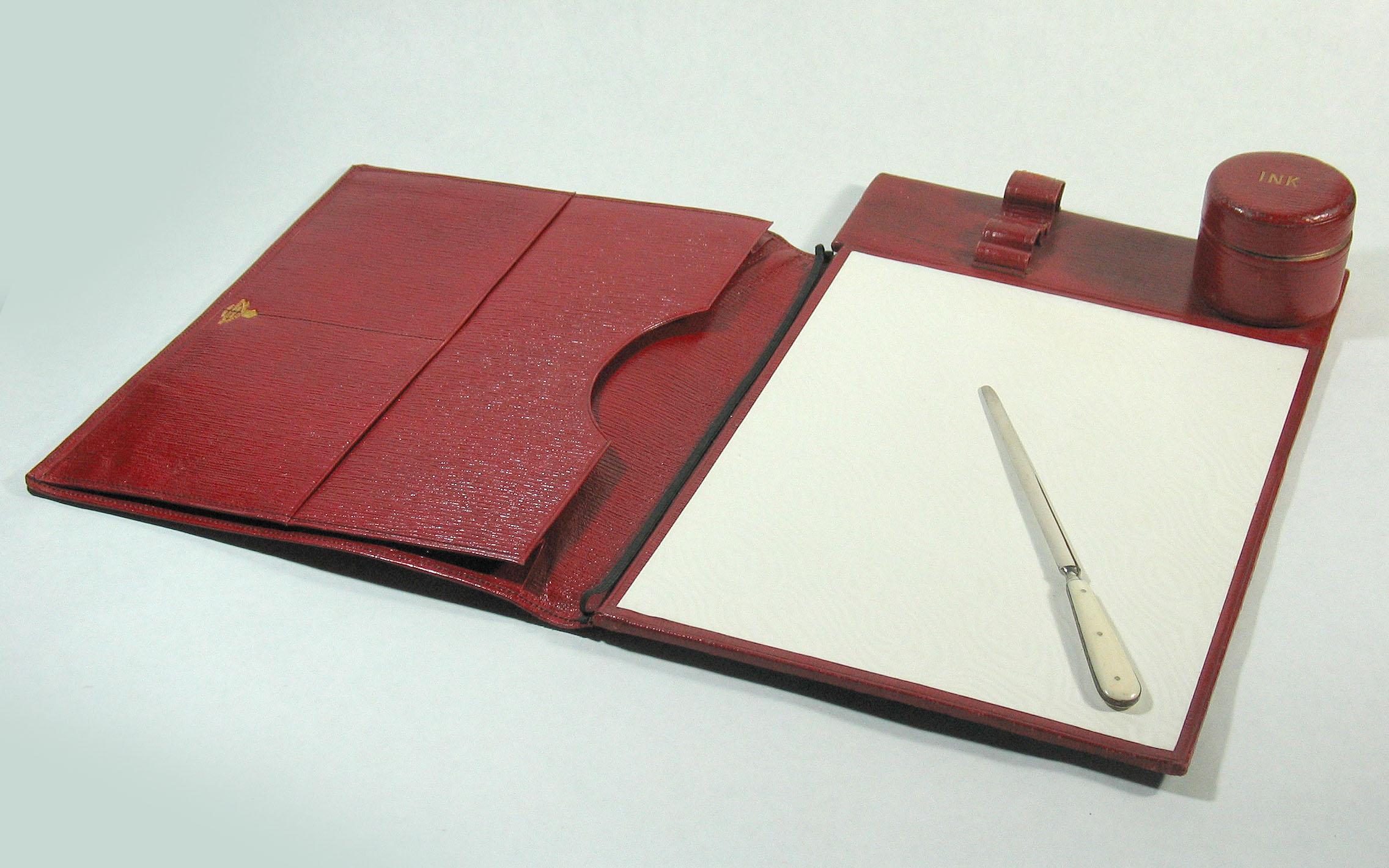 Hand-Crafted Antique Victorian Red Morrocan Leather Desk or Travelling Blotter with Inkwell