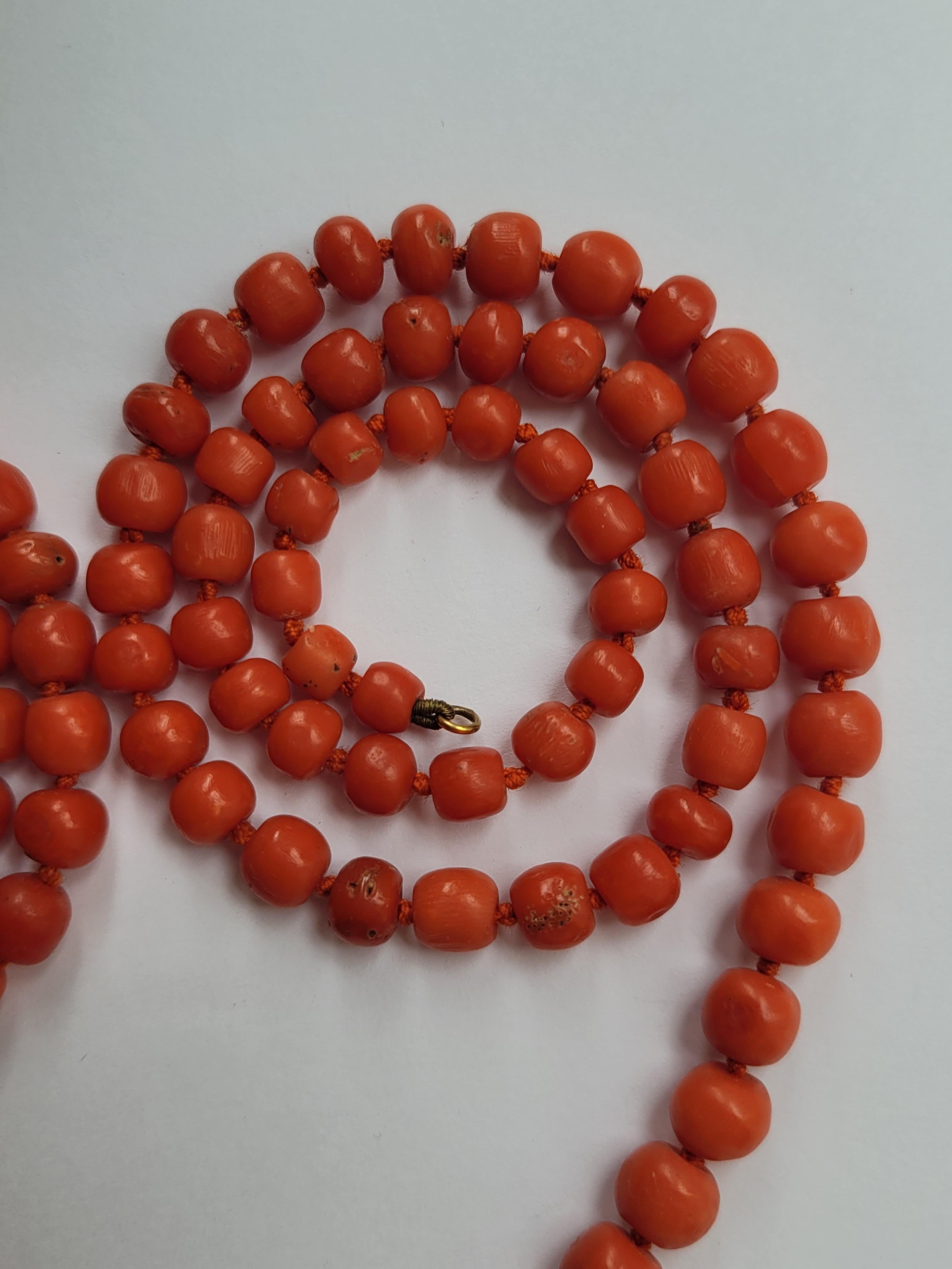 Antique Victorian Red Salmon Coral Opera Beads Necklace For Sale 6