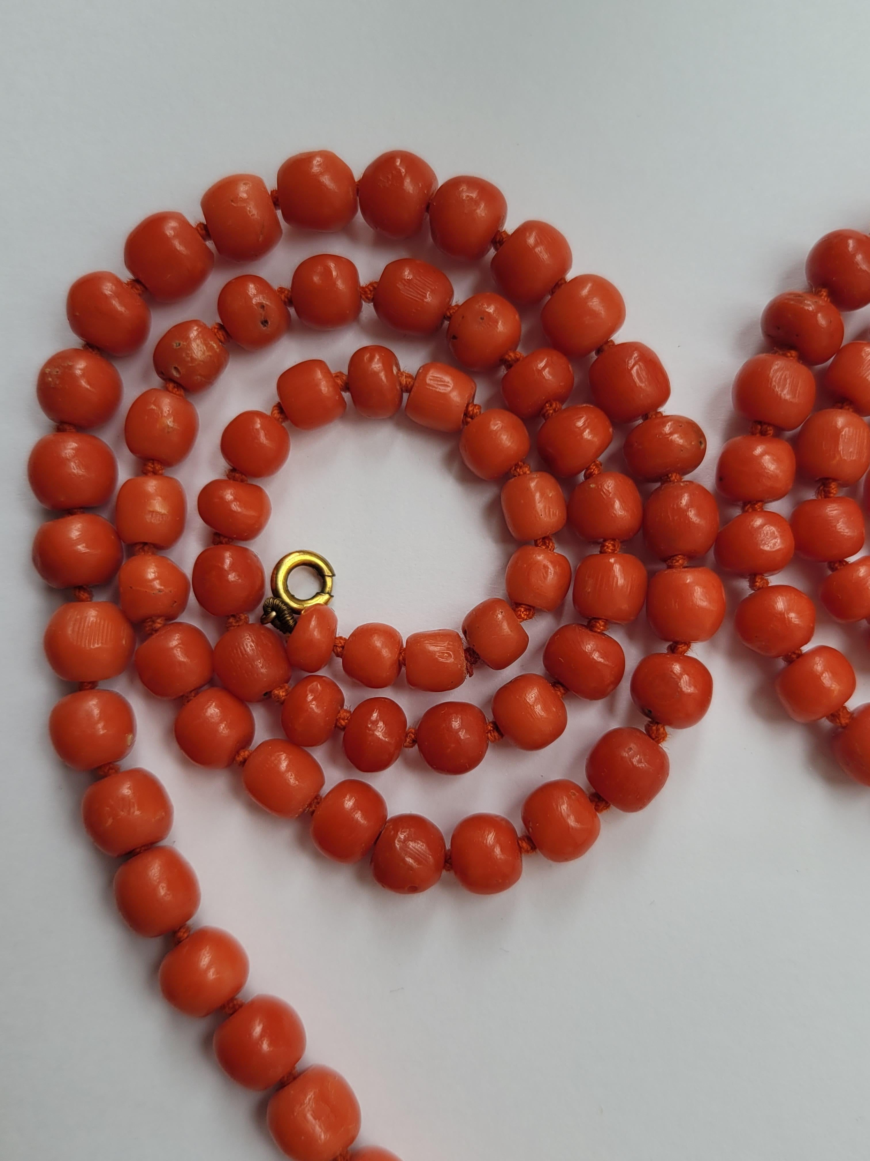Antique Victorian Red Salmon Coral Opera Beads Necklace For Sale 7
