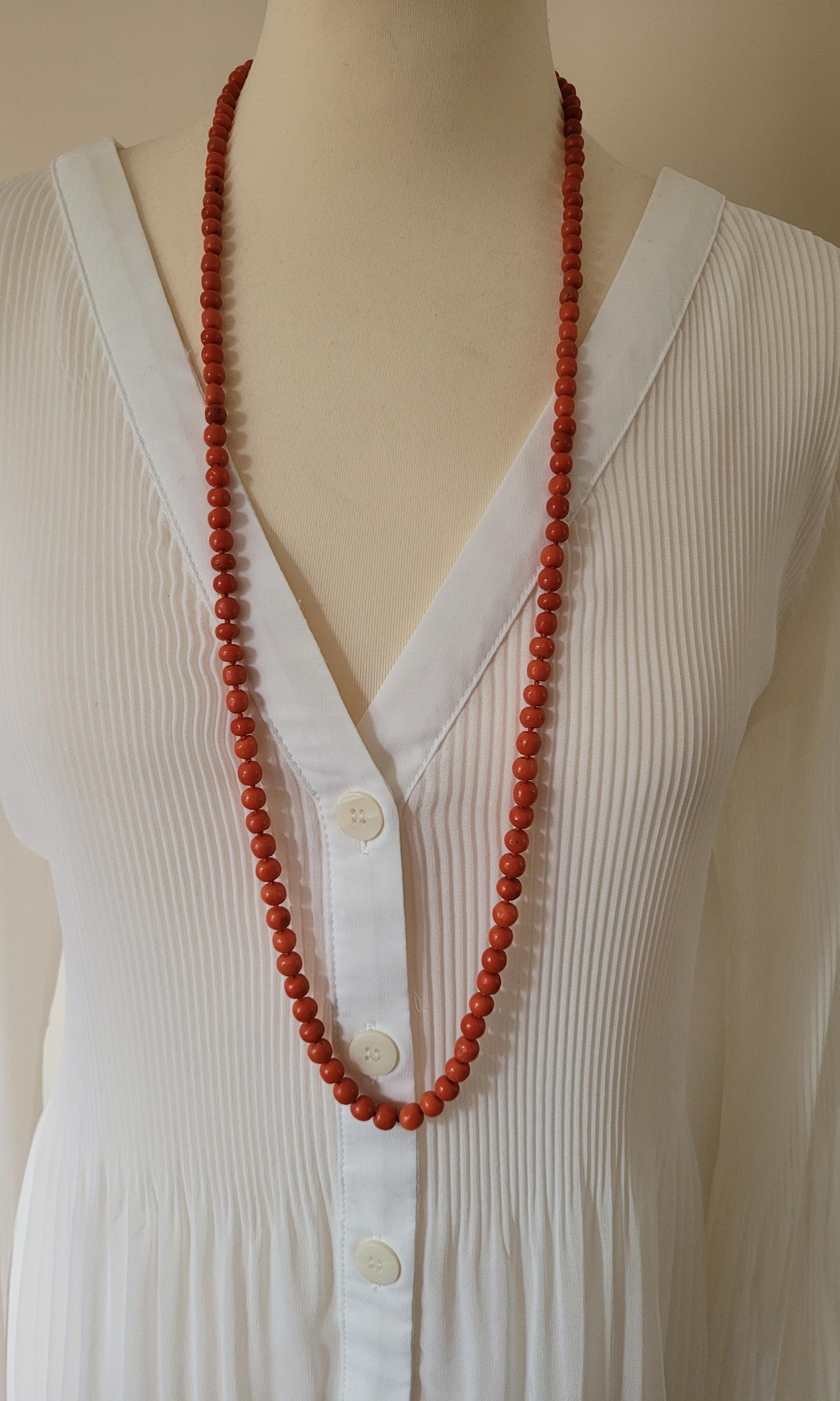 Women's Antique Victorian Red Salmon Coral Opera Beads Necklace For Sale