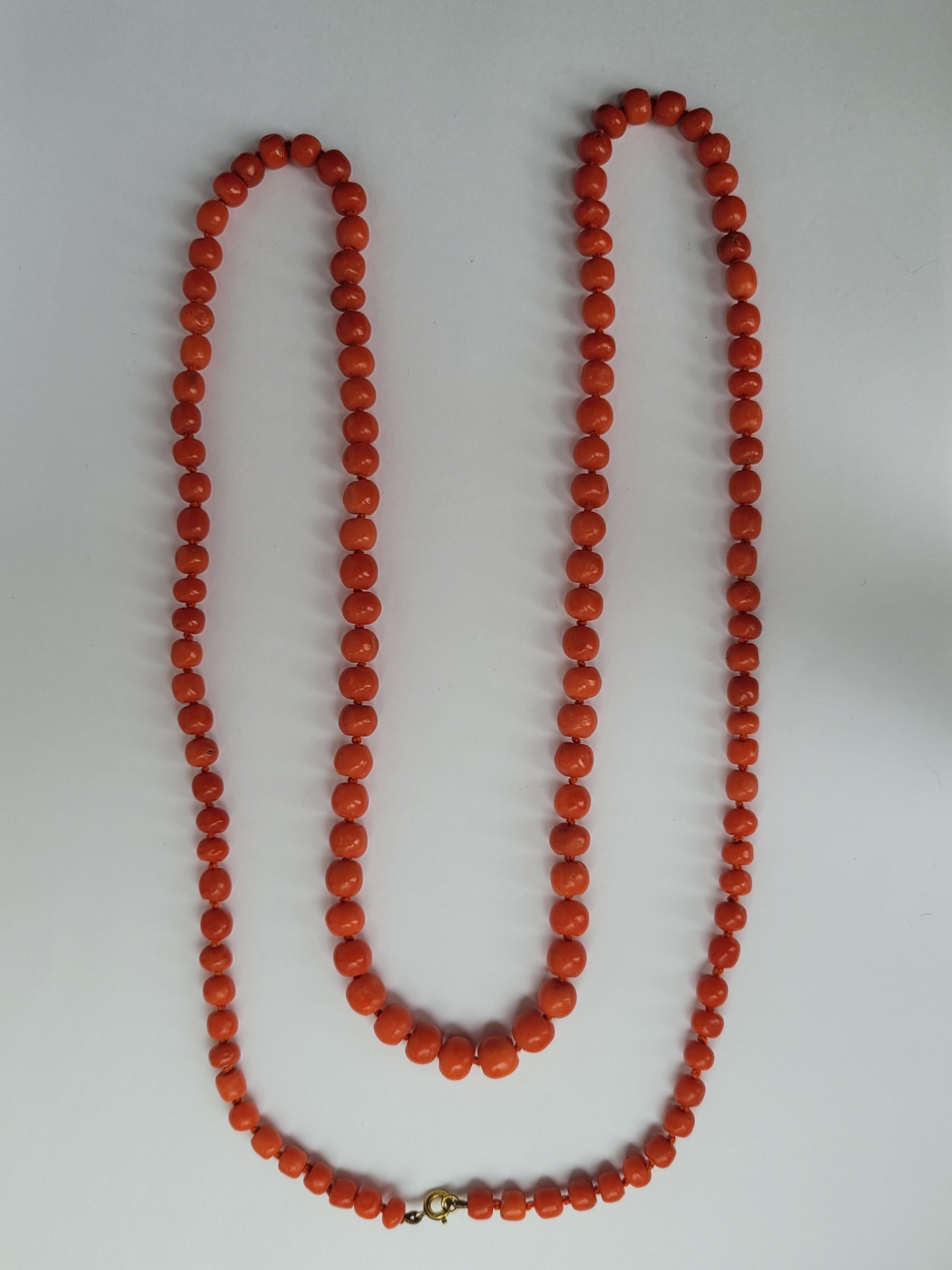 Antique Victorian Red Salmon Coral Opera Beads Necklace For Sale 2