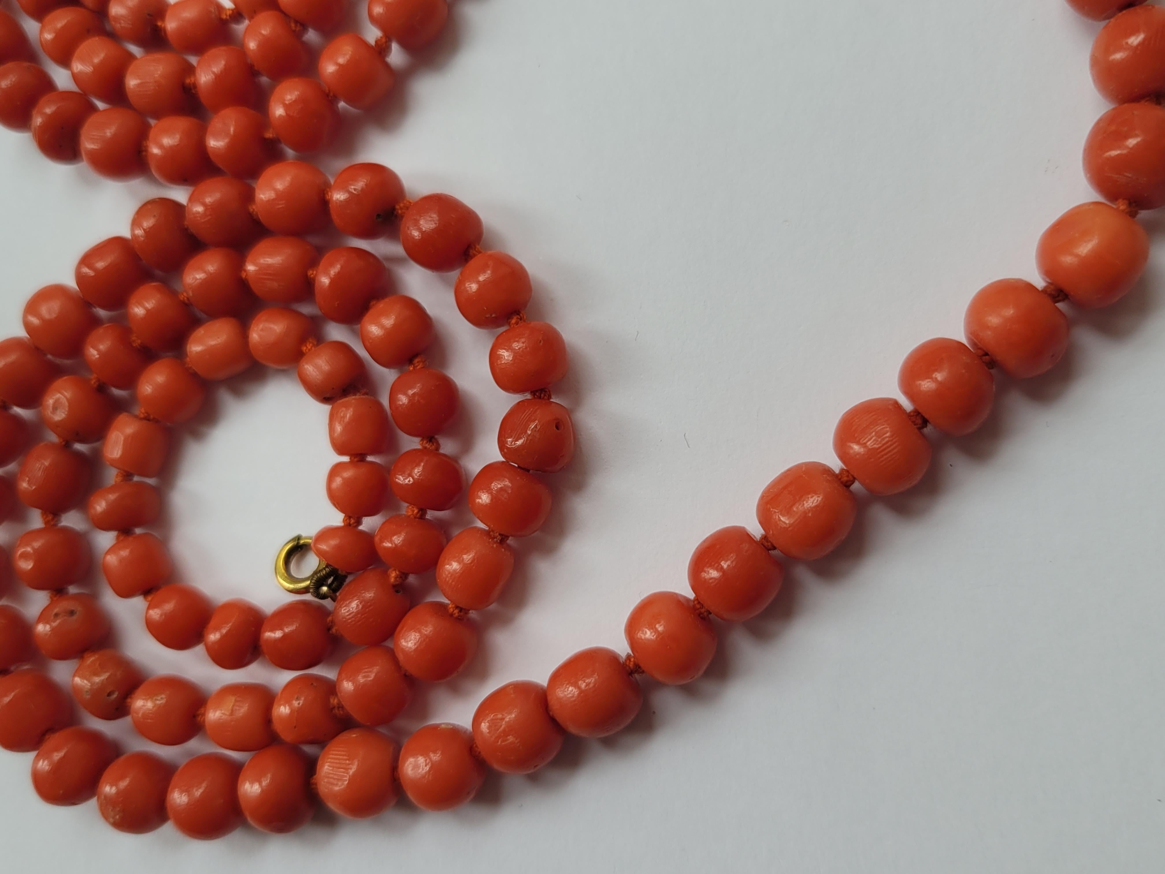 Antique Victorian Red Salmon Coral Opera Beads Necklace For Sale 3