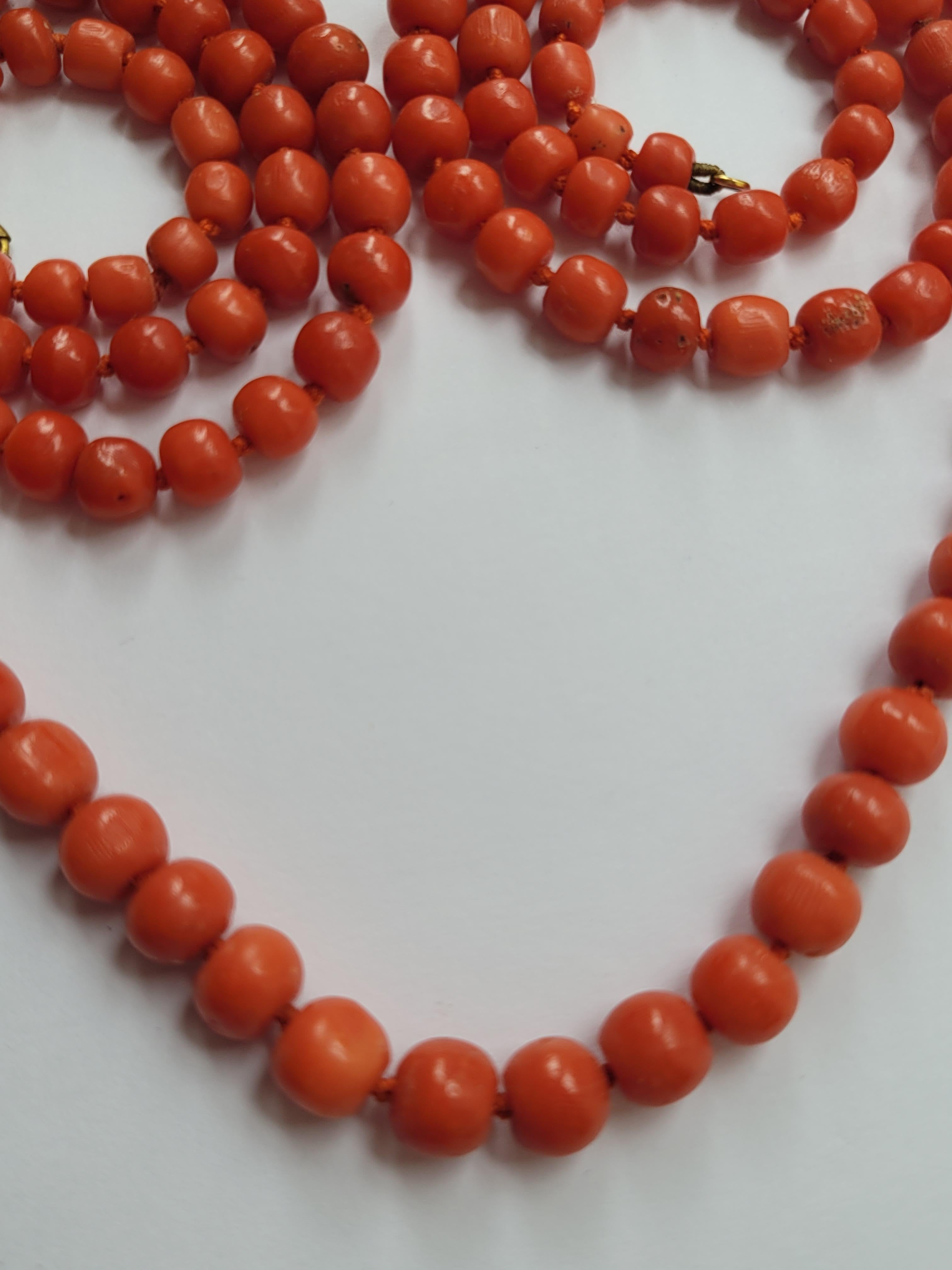 Antique Victorian Red Salmon Coral Opera Beads Necklace For Sale 4