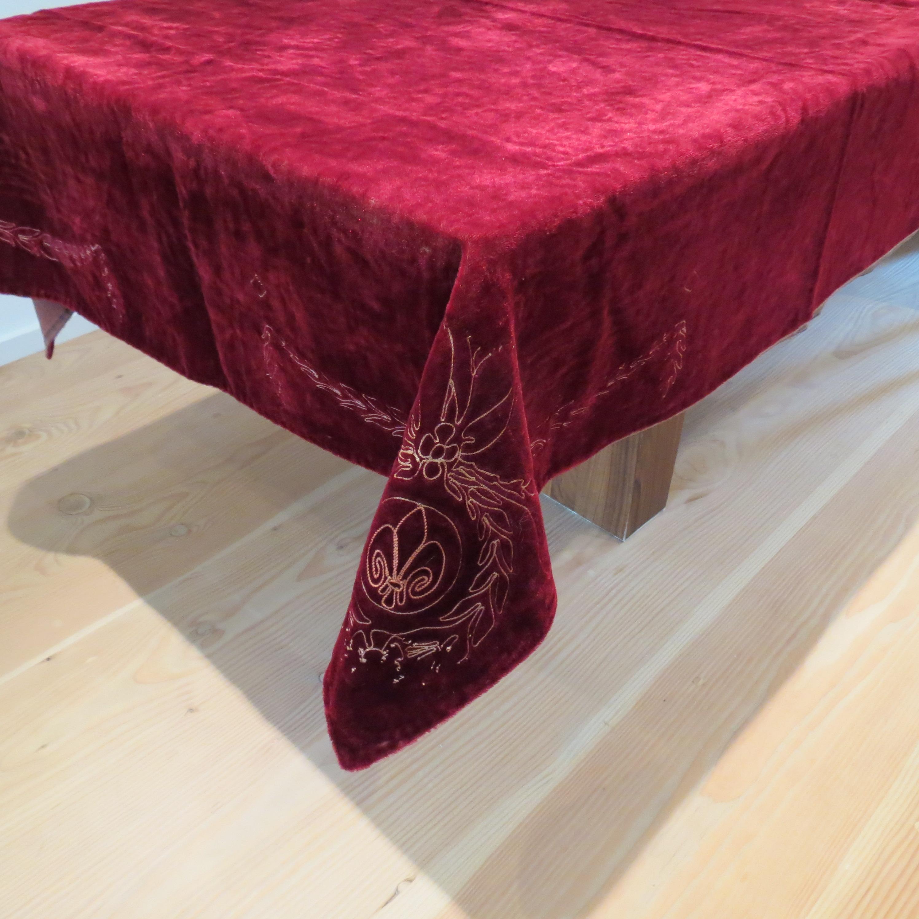 Antique Victorian Red Velvet  Embroidered Tablecloth Throw Rug For Sale 3