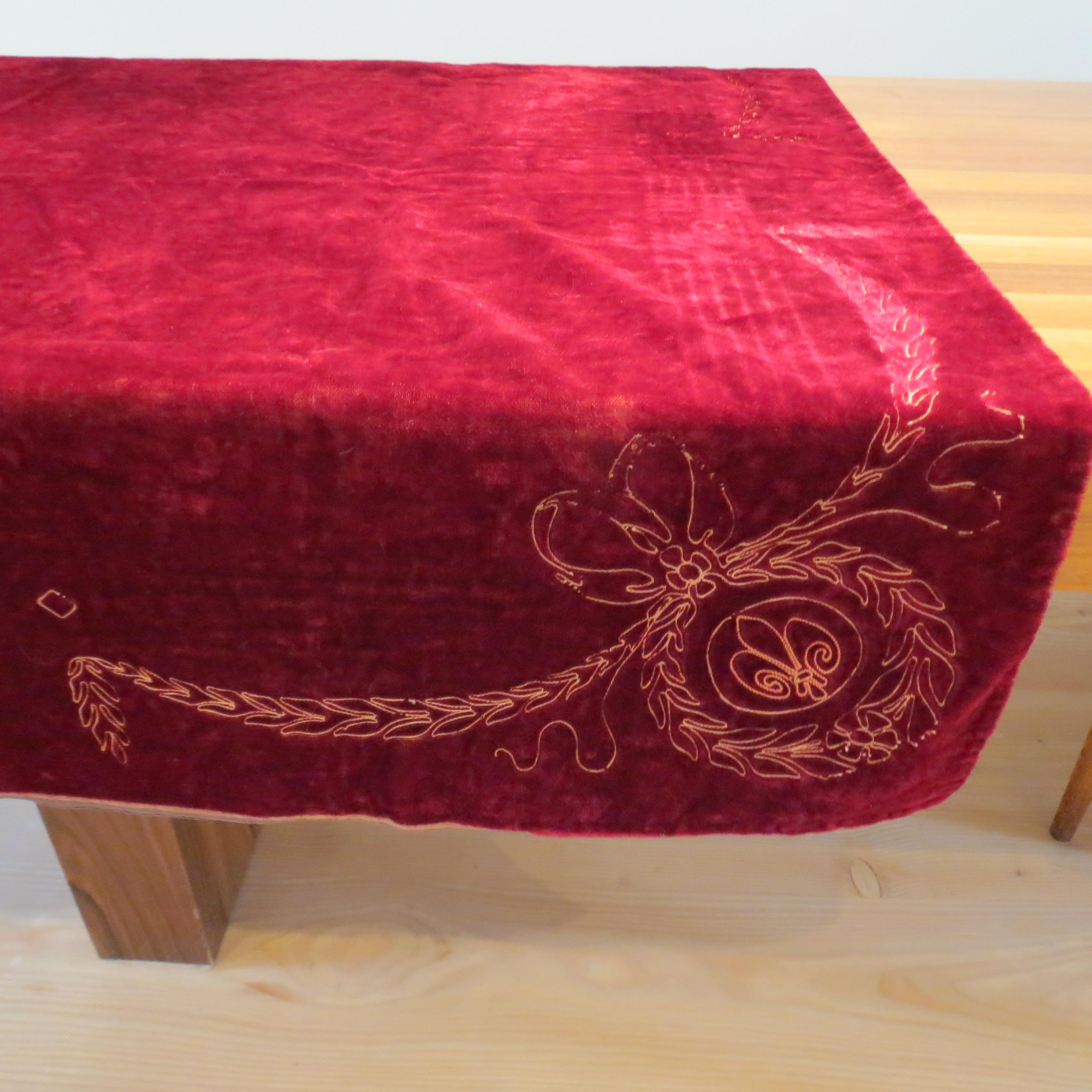 Antique Victorian Red Velvet  Embroidered Tablecloth Throw Rug For Sale 4