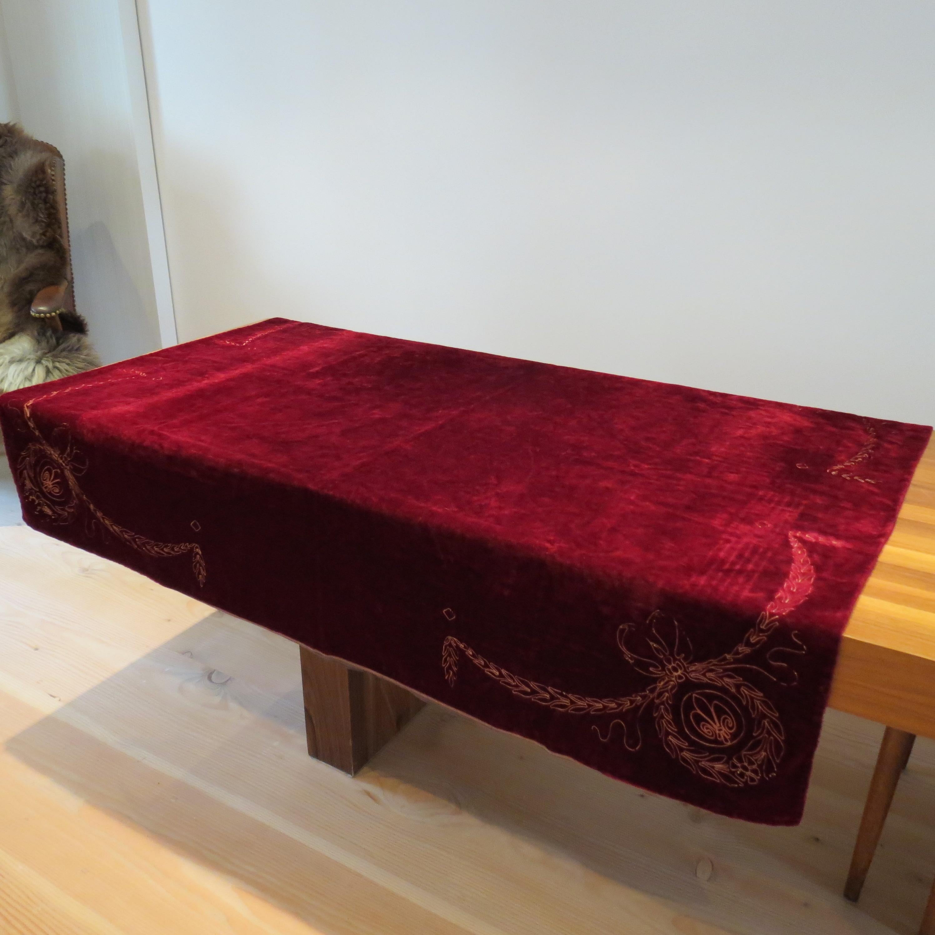 Antique Victorian Red Velvet  Embroidered Tablecloth Throw Rug For Sale 6