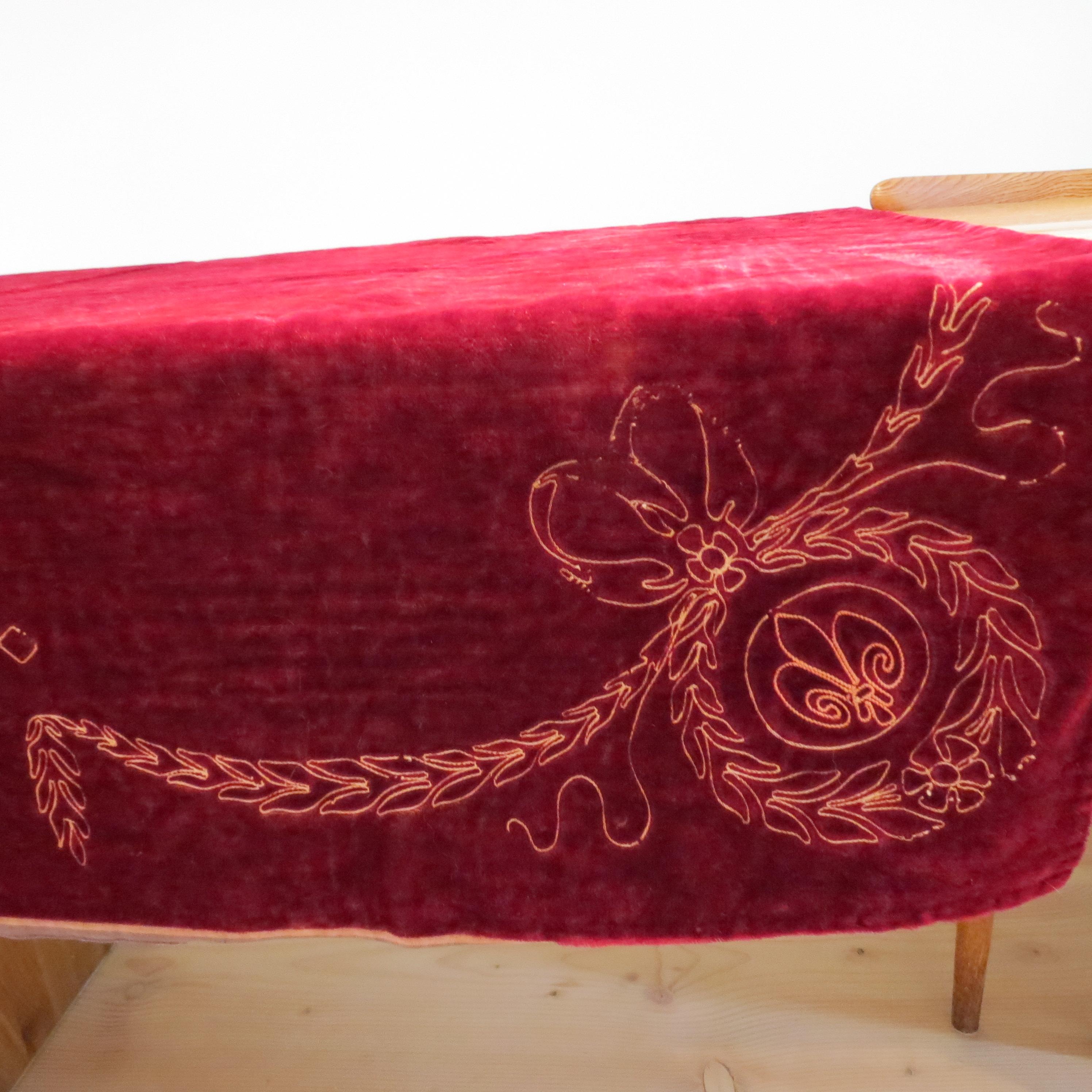 Antique Victorian Red Velvet  Embroidered Tablecloth Throw Rug For Sale 7