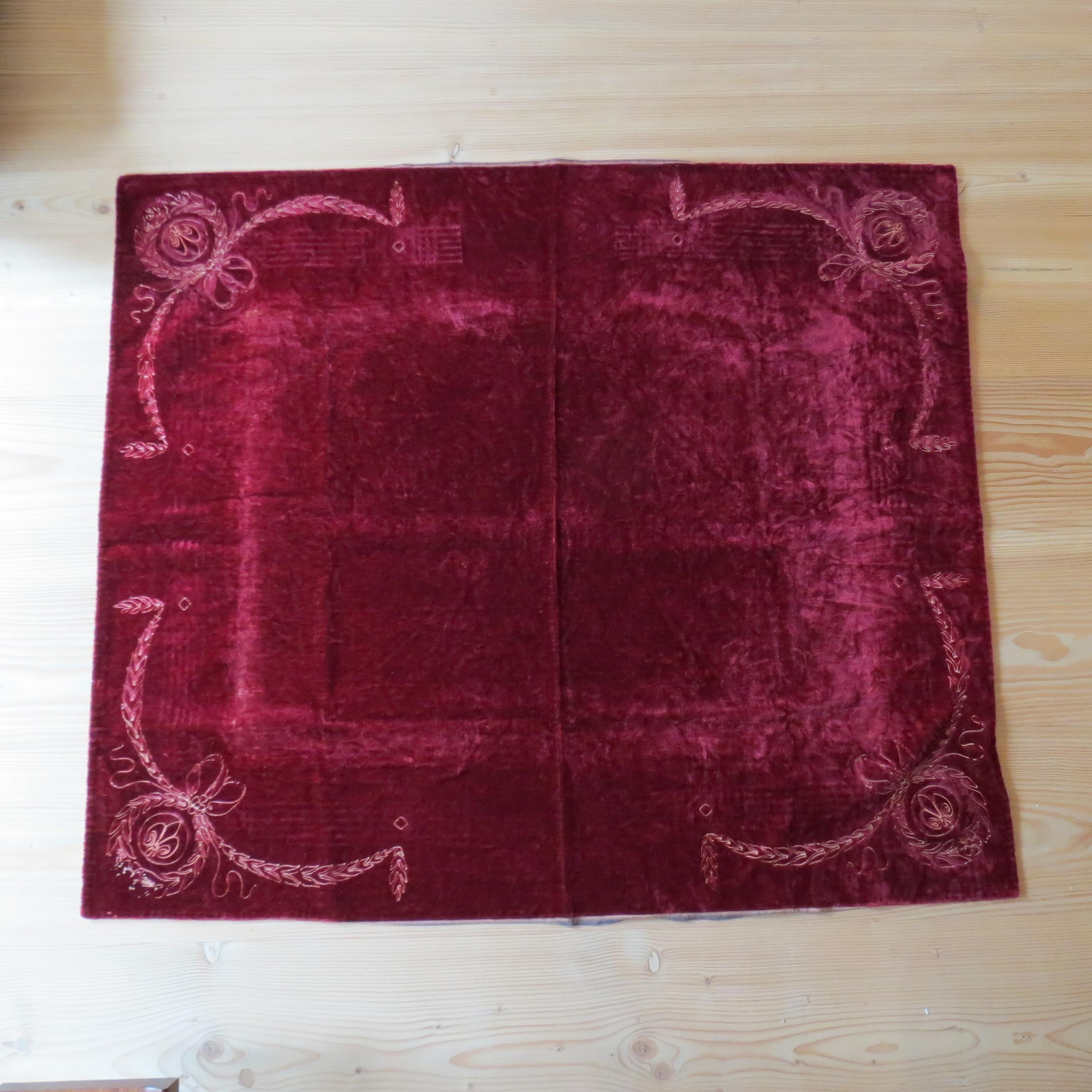 Antique Victorian Red Velvet  Embroidered Tablecloth Throw Rug For Sale 8