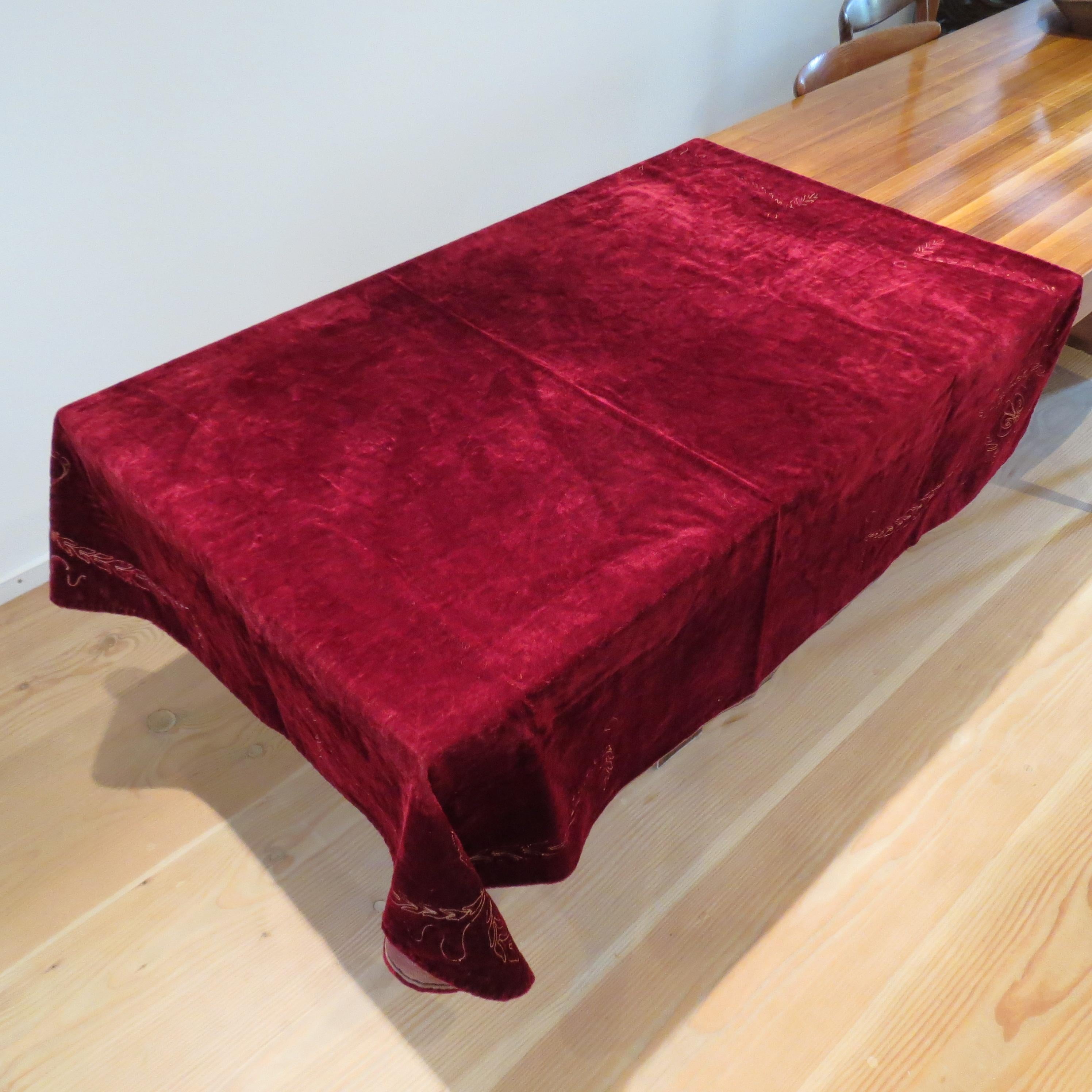 Late Victorian Antique Victorian Red Velvet  Embroidered Tablecloth Throw Rug For Sale