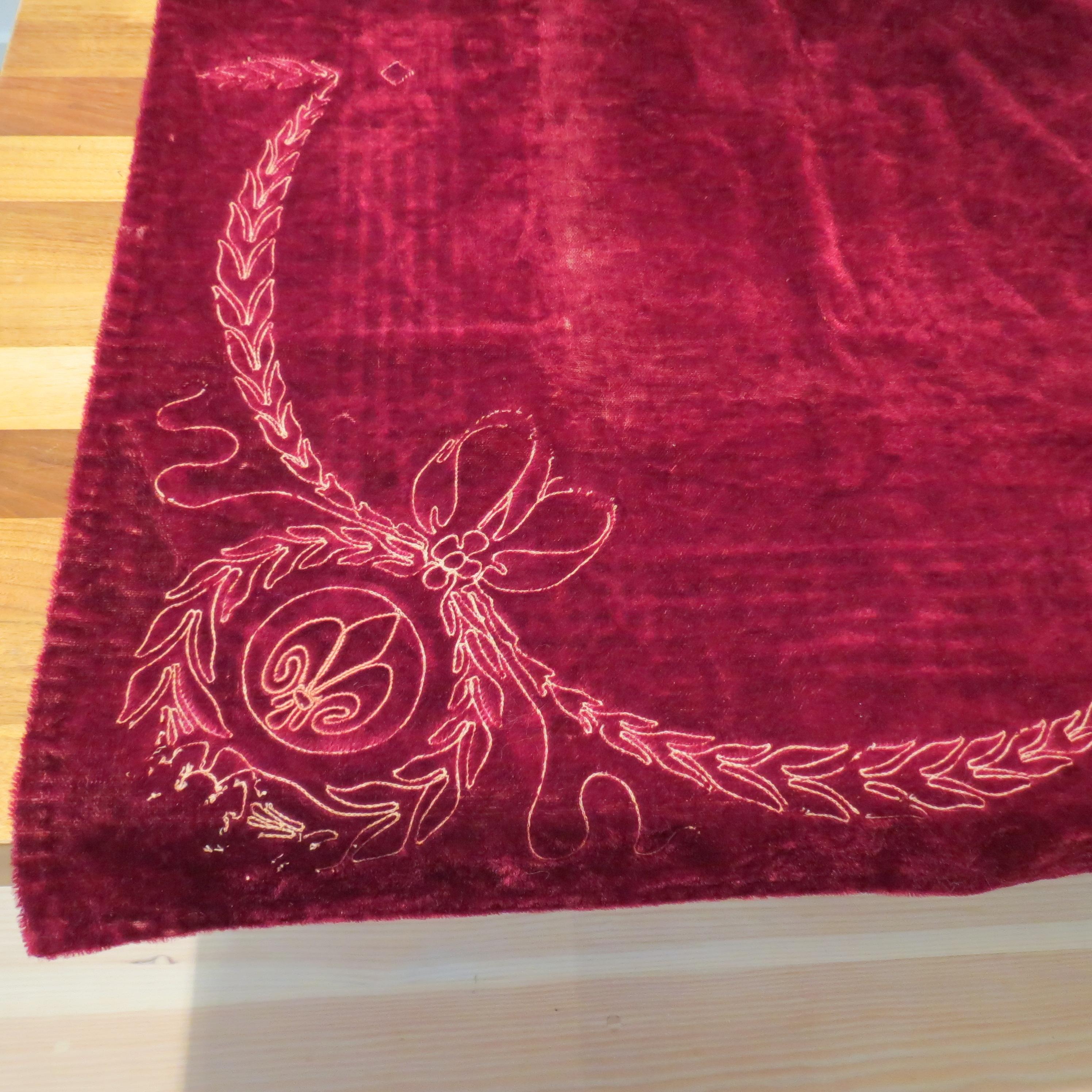 Hand-Crafted Antique Victorian Red Velvet  Embroidered Tablecloth Throw Rug For Sale