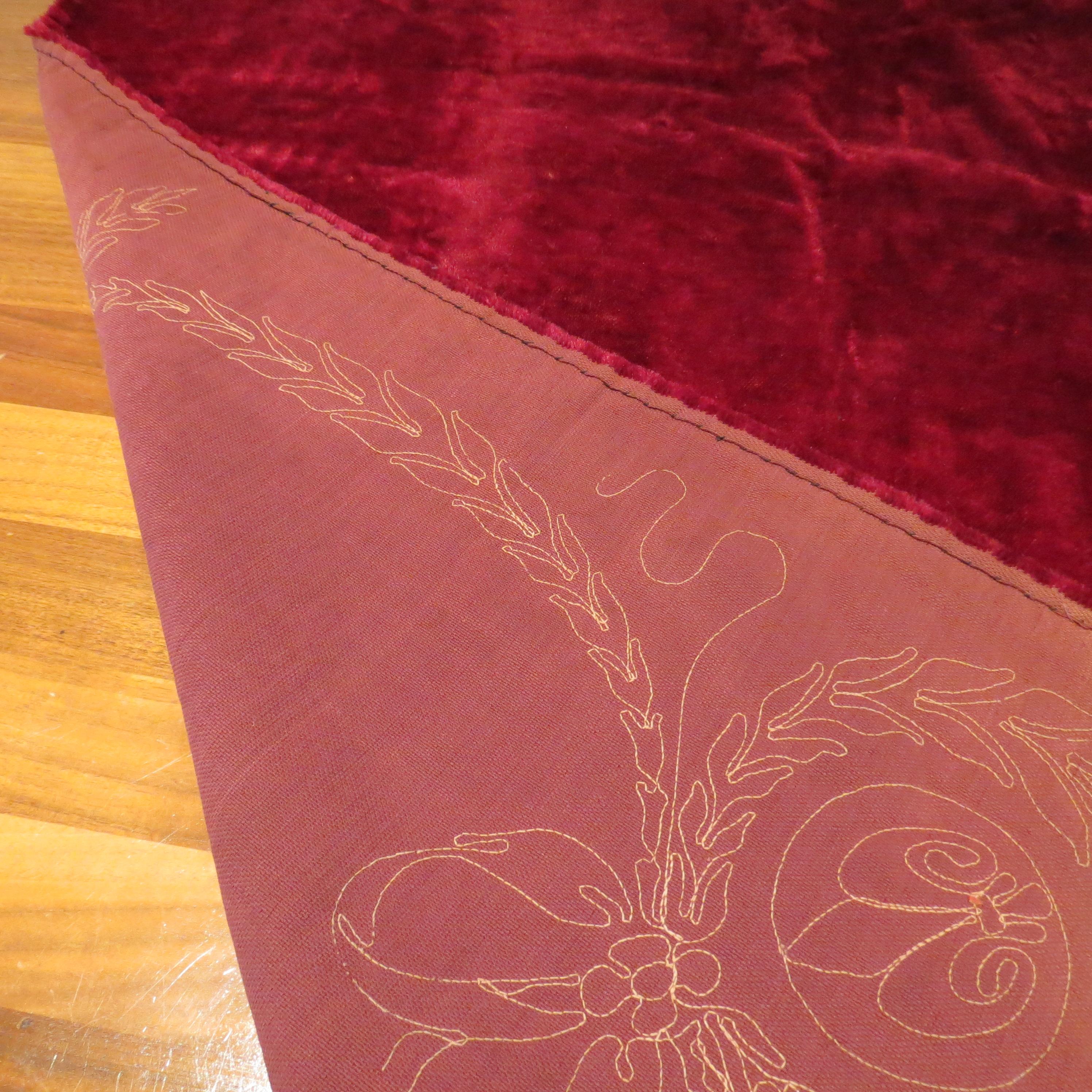 Antique Victorian Red Velvet  Embroidered Tablecloth Throw Rug For Sale 1
