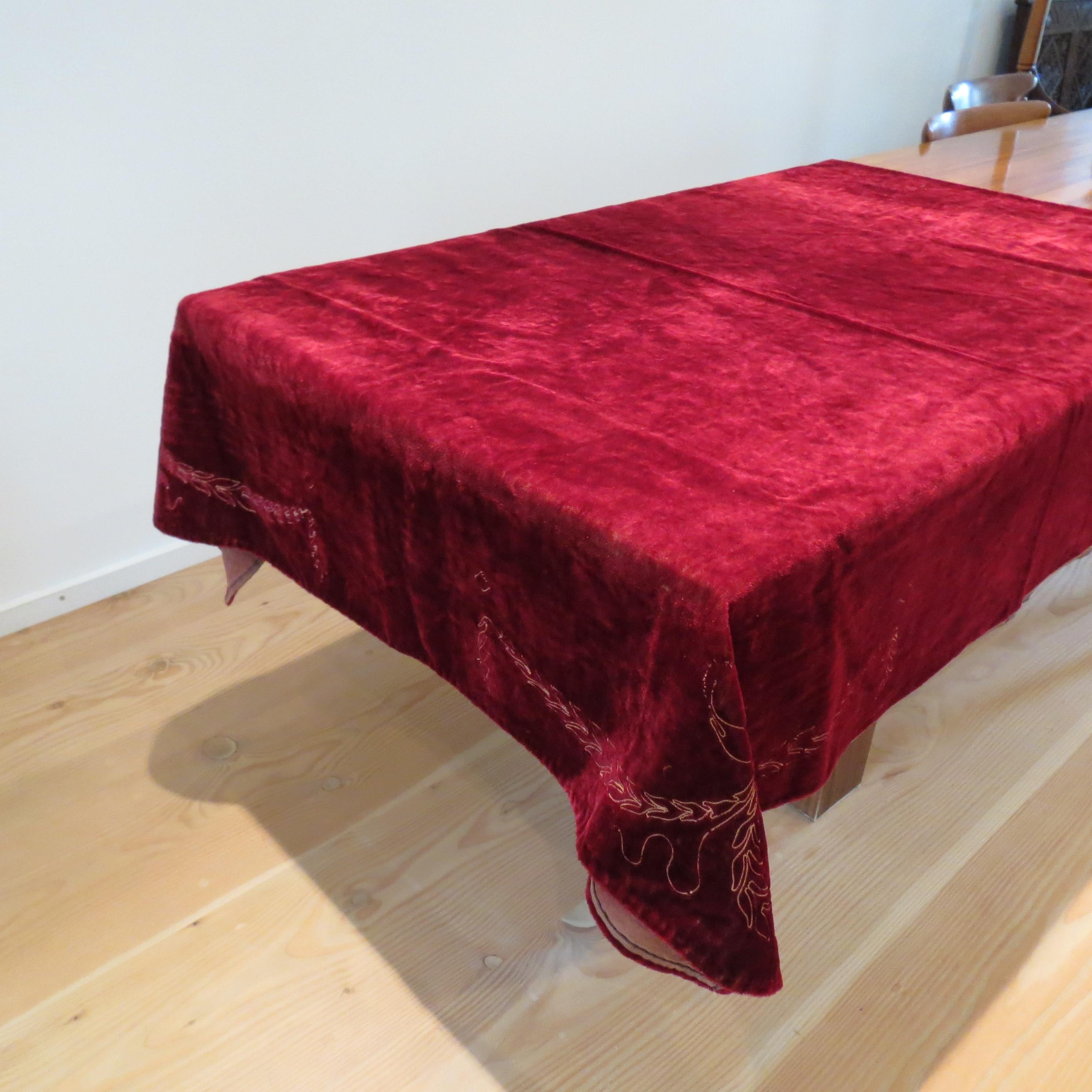 Antique Victorian Red Velvet  Embroidered Tablecloth Throw Rug For Sale 2