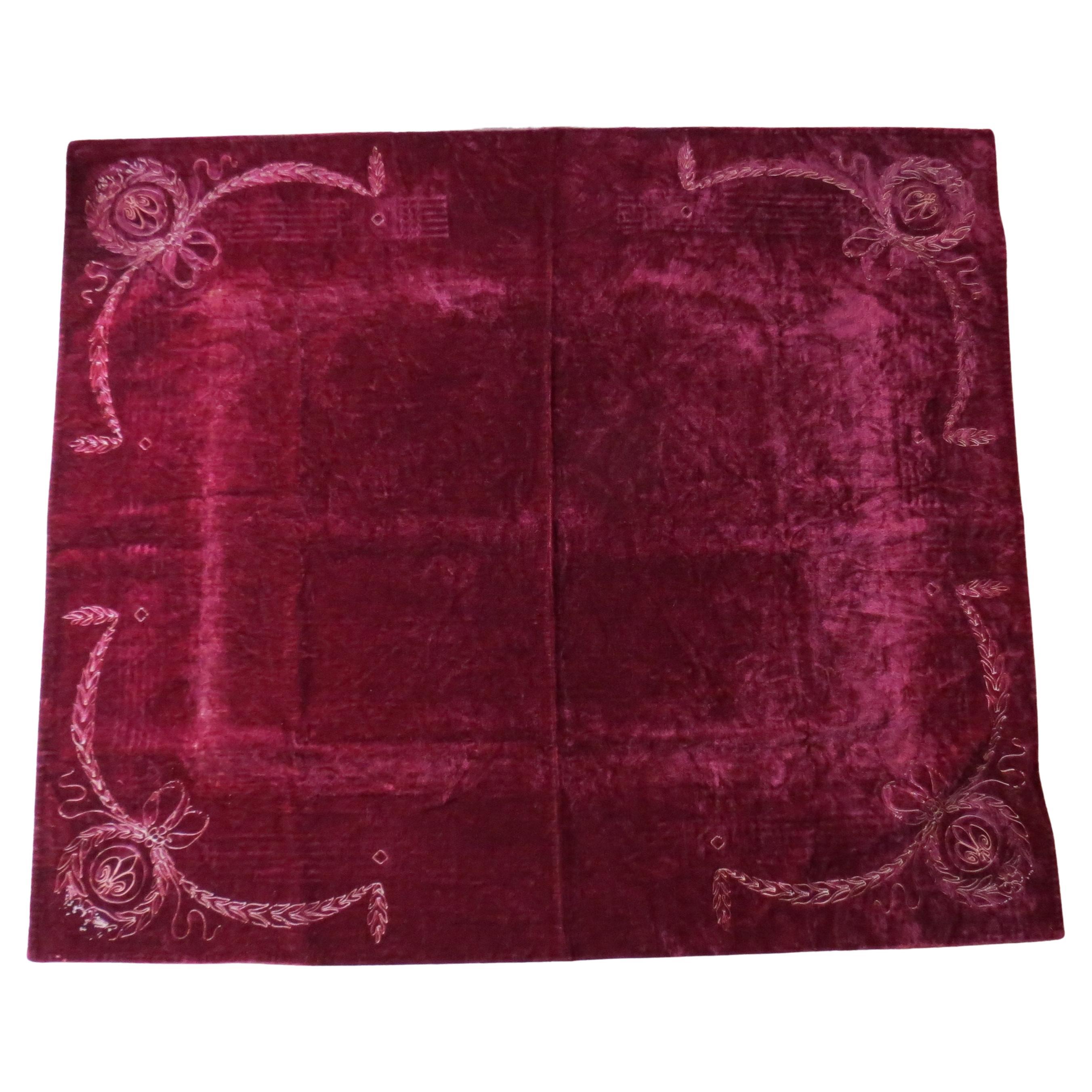Antique Victorian Red Velvet  Embroidered Tablecloth Throw Rug For Sale
