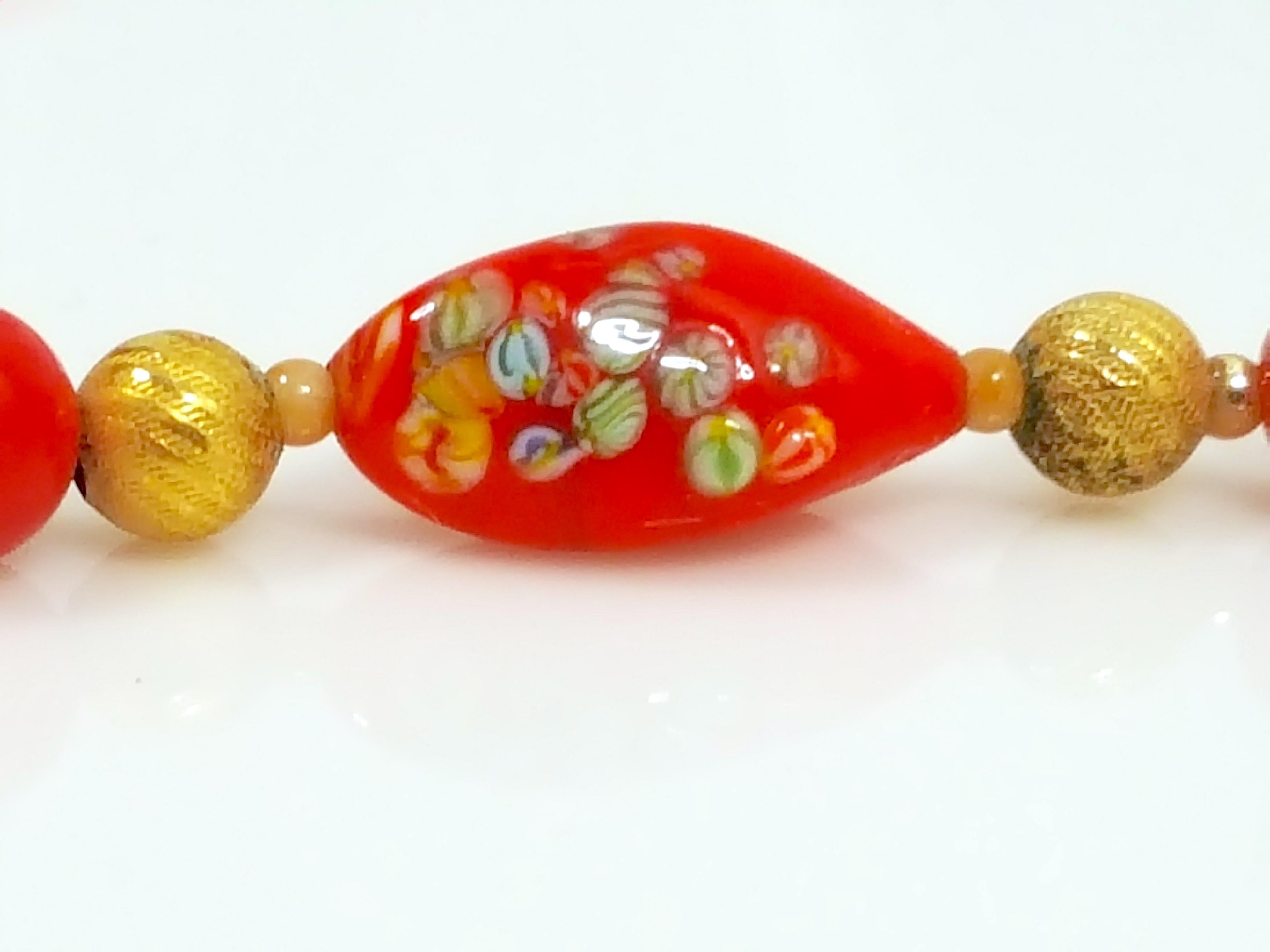 Antique Victorian MuranoGlass MicroMillefiori GoldBalls RedBeaded Necklace In Good Condition For Sale In Chicago, IL