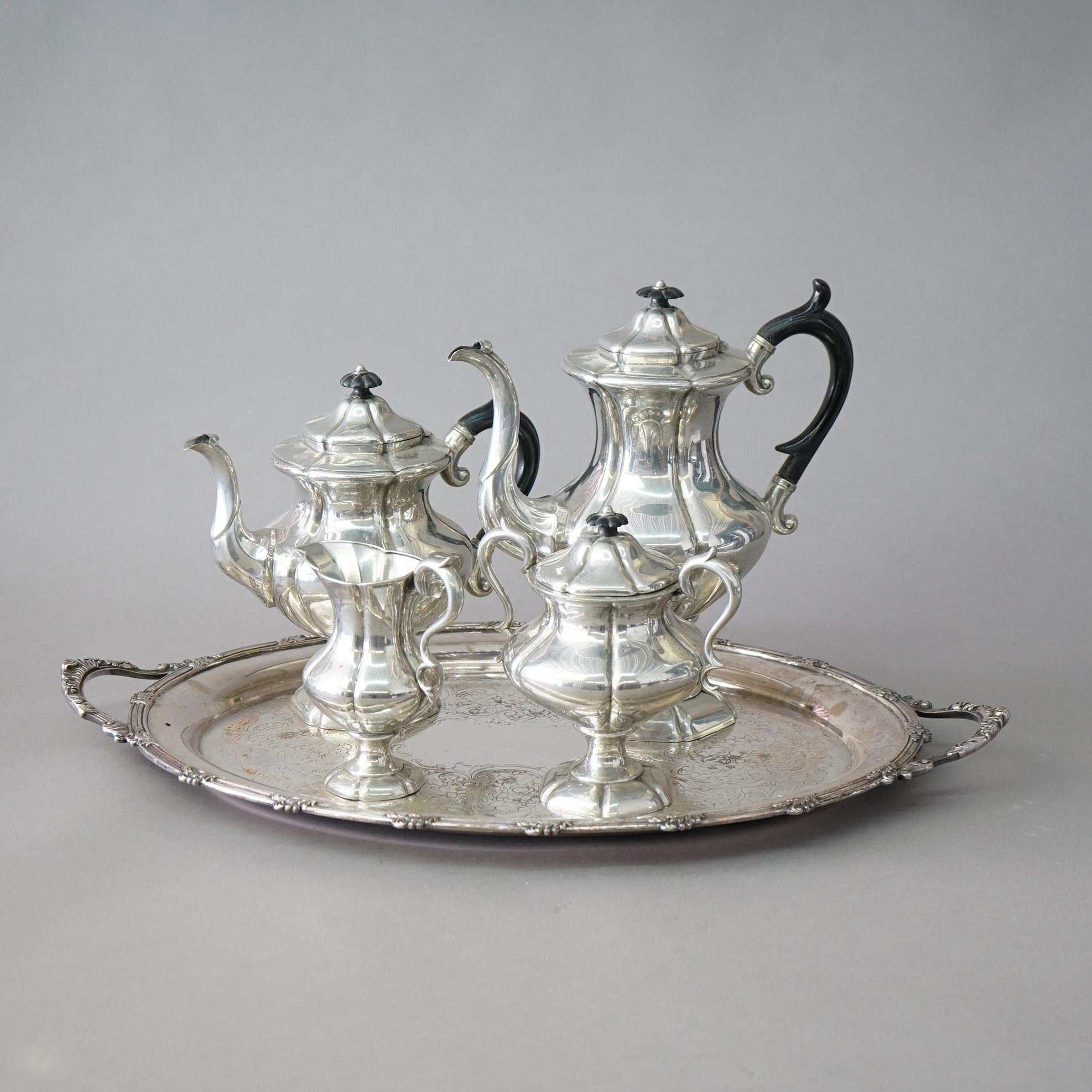 Antique Victorian Reed & Barton Silver Plate Tea & Coffee Set with Tray C1900 In Good Condition For Sale In Big Flats, NY