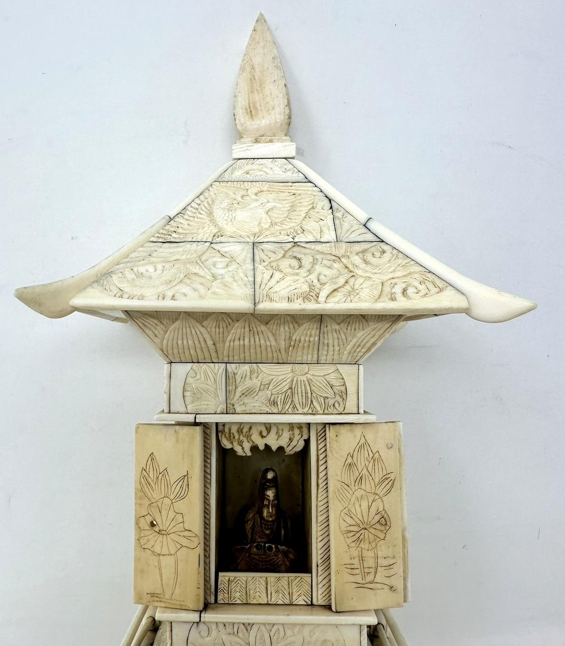 Antique Victorian Religious Chinese Export Ivory Bone Carved Pagoda Sculpture  For Sale 9
